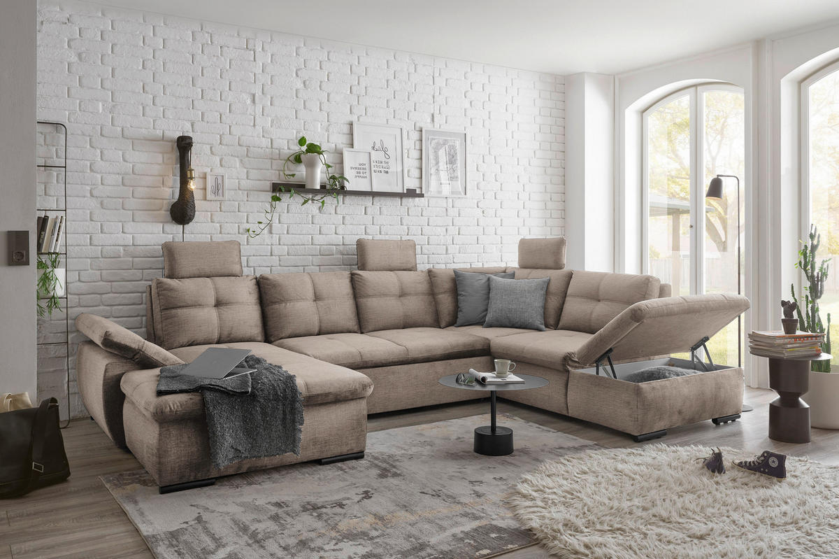 WOHNLANDSCHAFT Creme Mikrovelours  - Creme/Schwarz, KONVENTIONELL, Kunststoff/Textil (127/334/217cm) - Carryhome