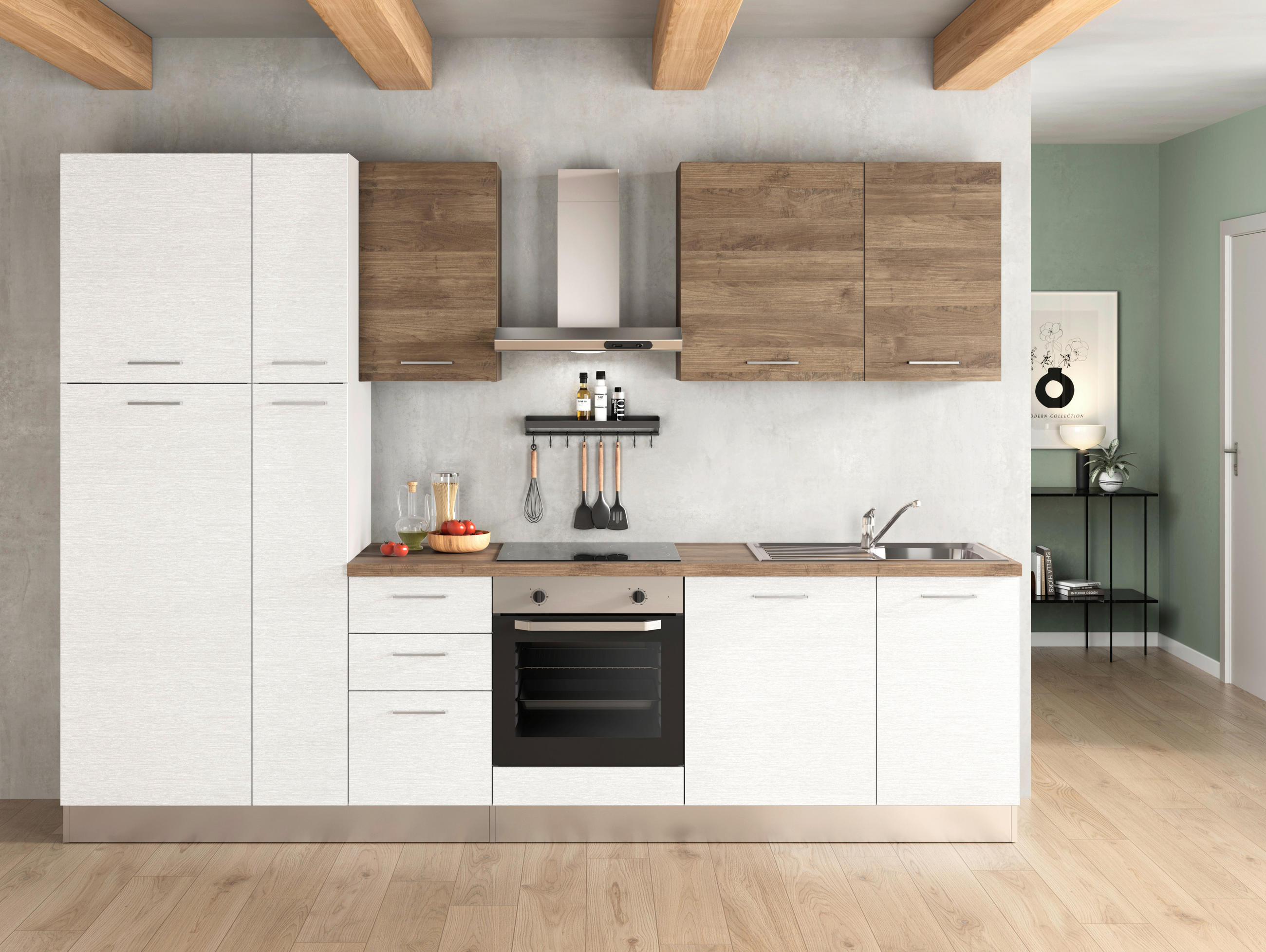 KÜCHENBLOCK 300 cm   in Weiß, Walnussfarben  - Edelstahlfarben/Walnussfarben, LIFESTYLE, Holzwerkstoff/Kunststoff (300cm) - MID.YOU