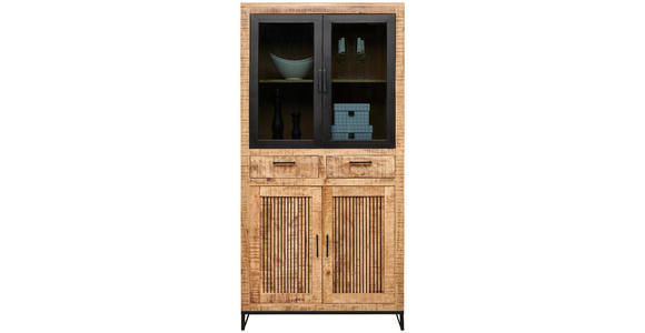 VITRINE  in massiv Mangoholz Naturfarben, Hellbraun - Hellbraun/Schwarz, Design, Glas/Holz (90/180/40cm) - Carryhome