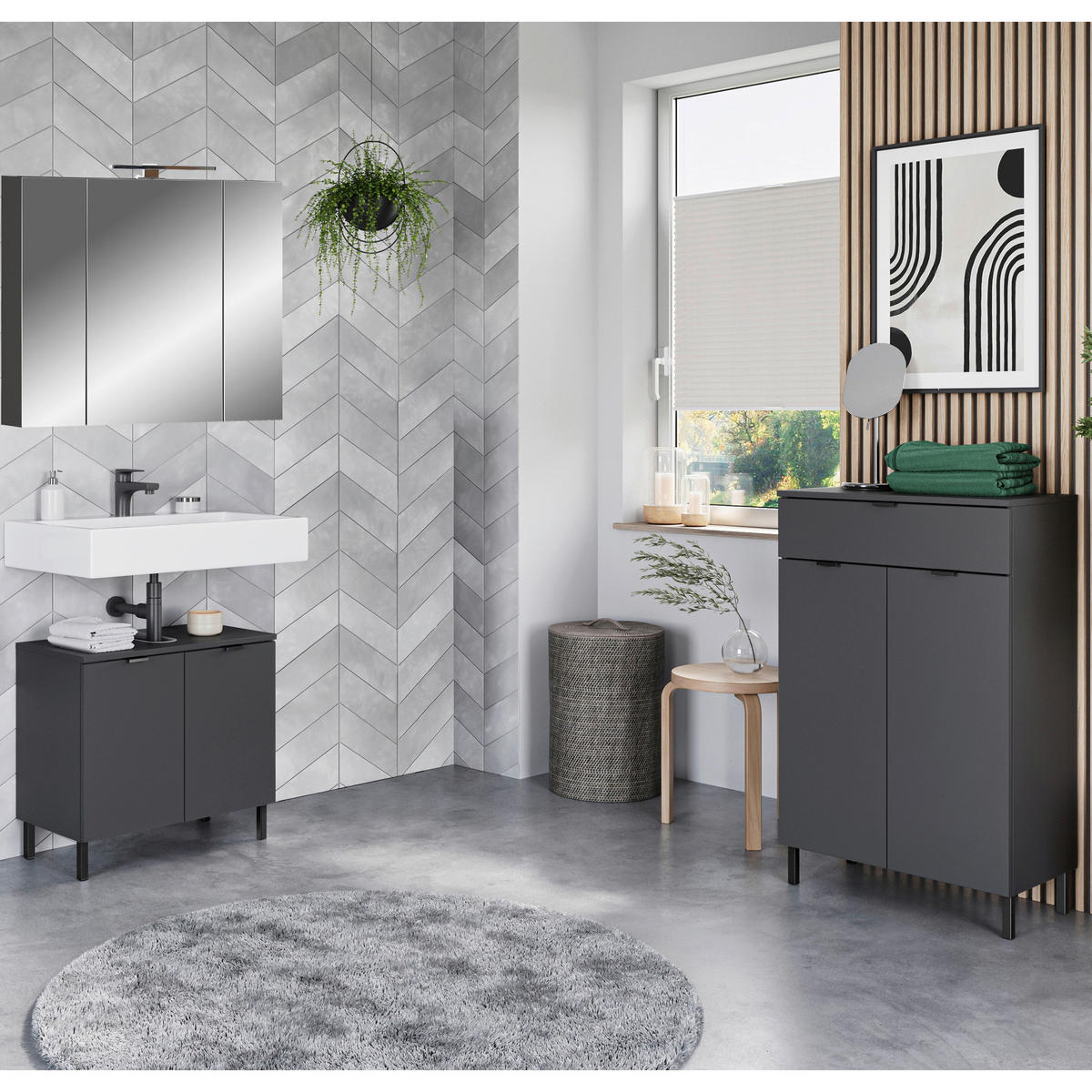 BADEZIMMER 3-teilig  in 136 cm  - Schwarz/Graphitfarben, MODERN, Holzwerkstoff/Metall (136cm) - Germania