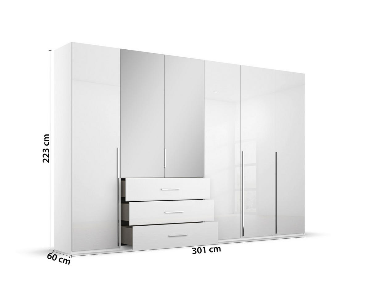 DREHTÜRENSCHRANK in Weiss, Weiss Hochglanz  - Weiss Hochglanz/Chromfarben, Design, Glas/Holzwerkstoff (301/223/60cm) - home24