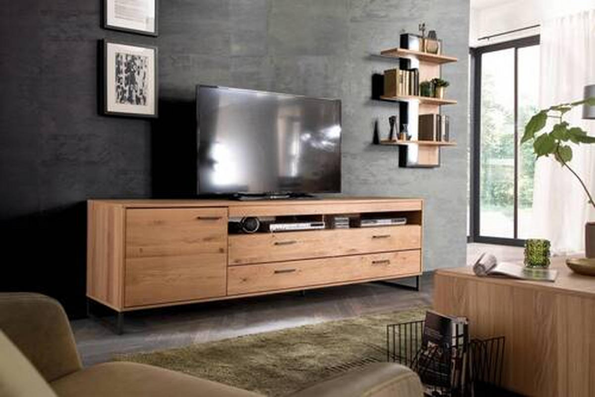 MEDIABÄNK i faner, massiv kvistek ekfärgad  - svart/ekfärgad, Design, metall/trämaterial (224/67/50cm) - Livetastic