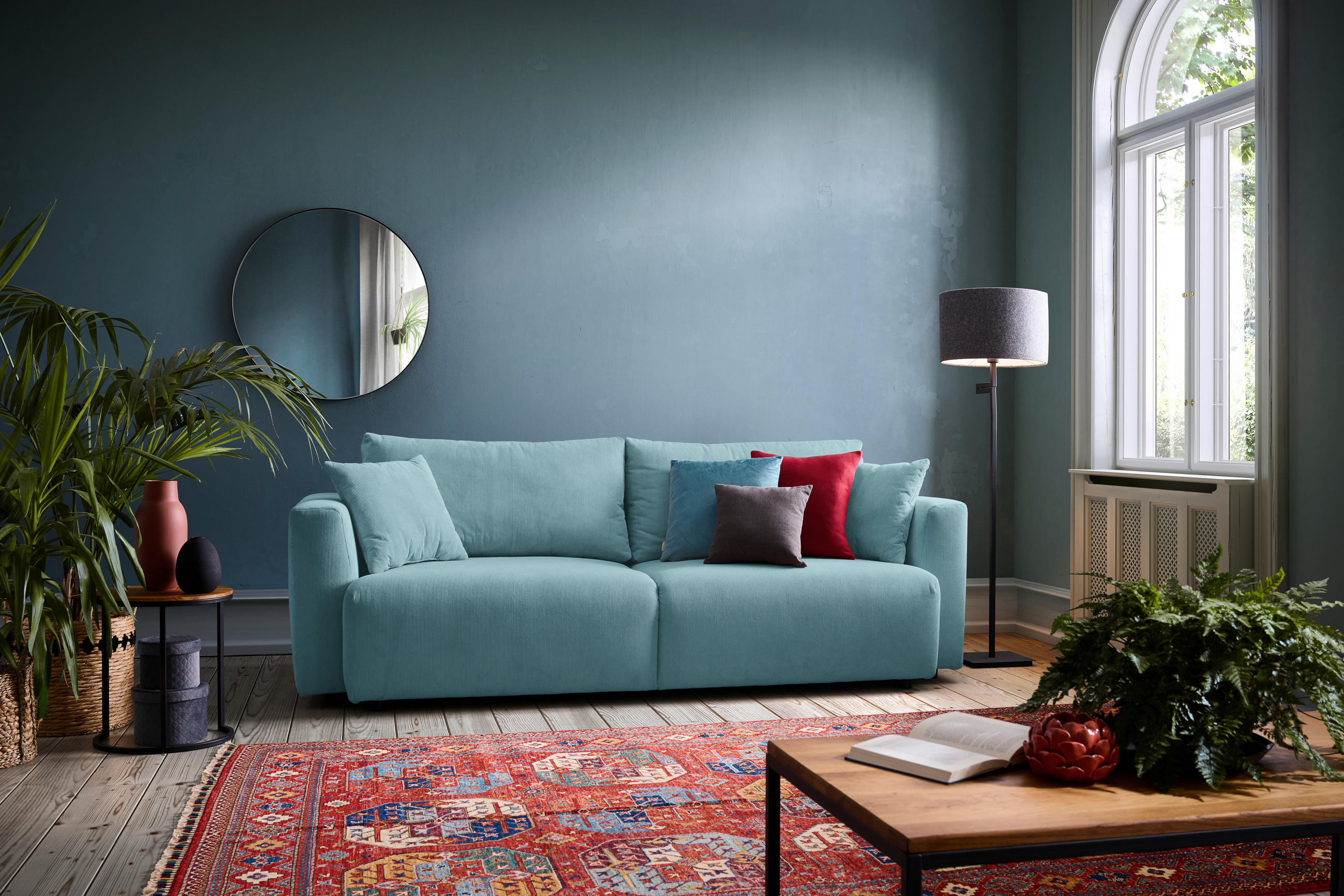 SCHLAFSOFA  mit Stoffauswahl, Schlafen auf Sitzhöhe, Rücken echt Cord Türkis  - Türkis/Schwarz, Design, Kunststoff/Textil (250/92/105cm) - Carryhome