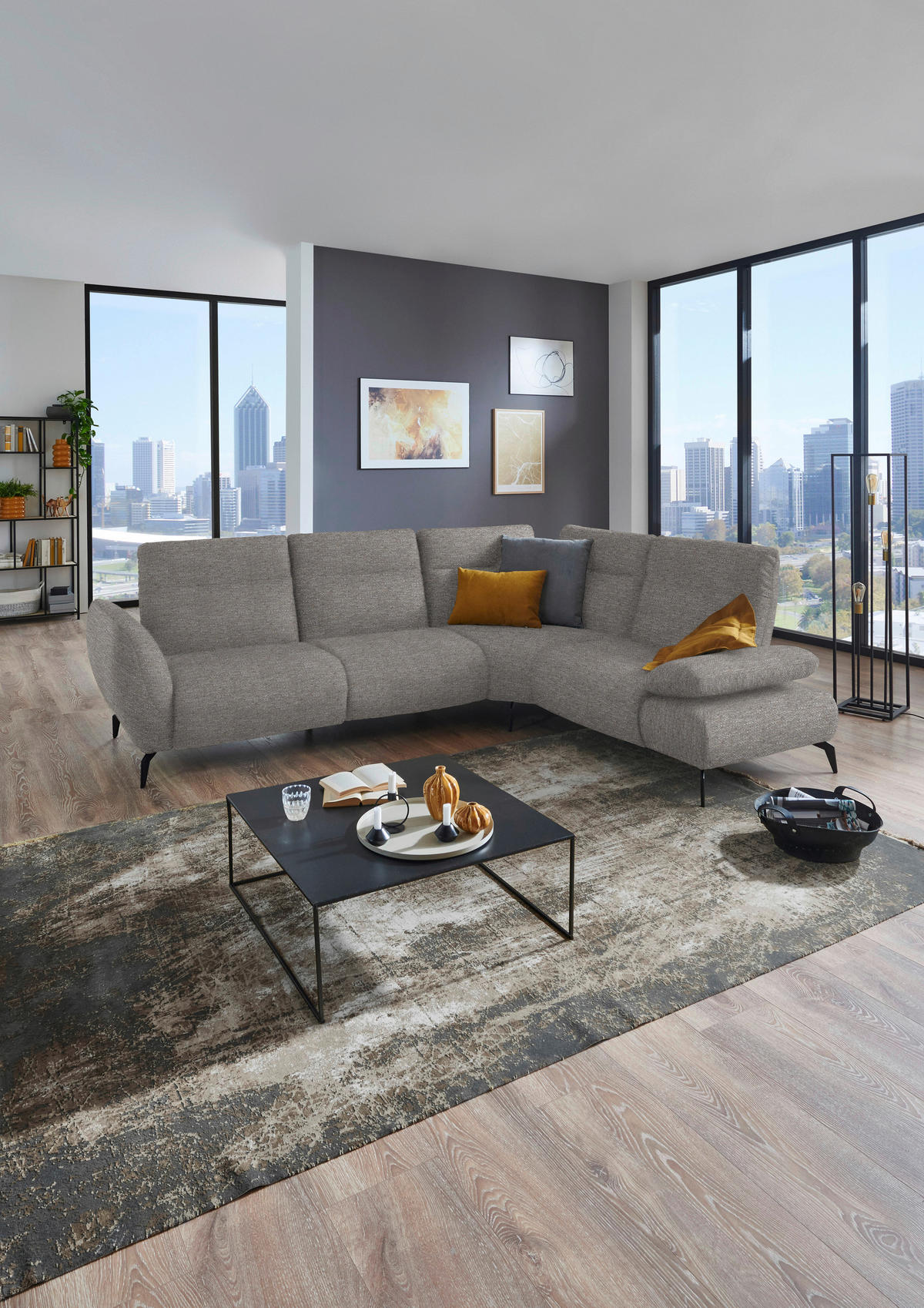 ECKSOFA in Webstoff Hellgrau  - Hellgrau/Schwarz, Design, Textil/Metall (290/223cm) - Moderano