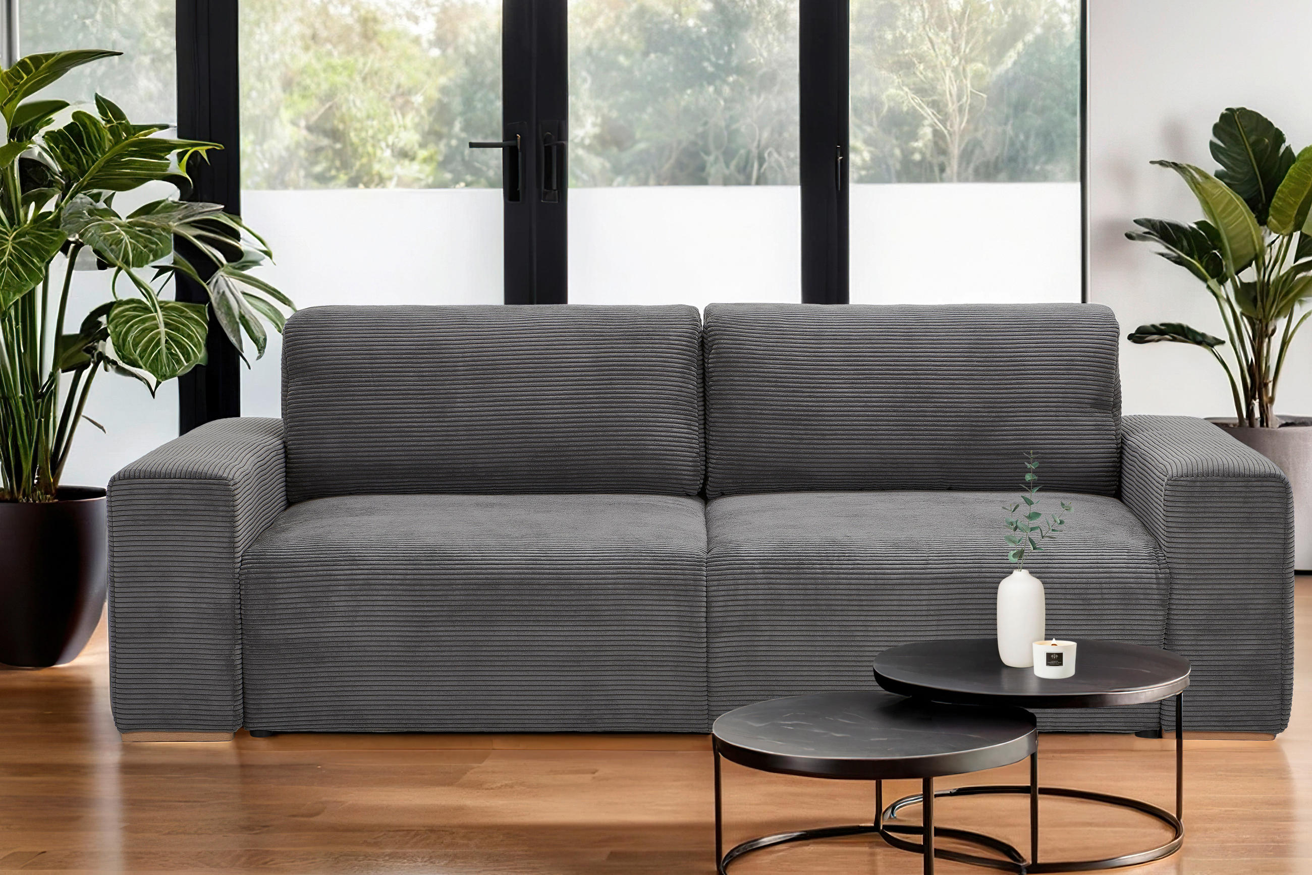 SCHLAFSOFA Cord Grau  - Buchefarben/Schwarz, KONVENTIONELL, Holz/Kunststoff (255/86/123cm) - Livetastic