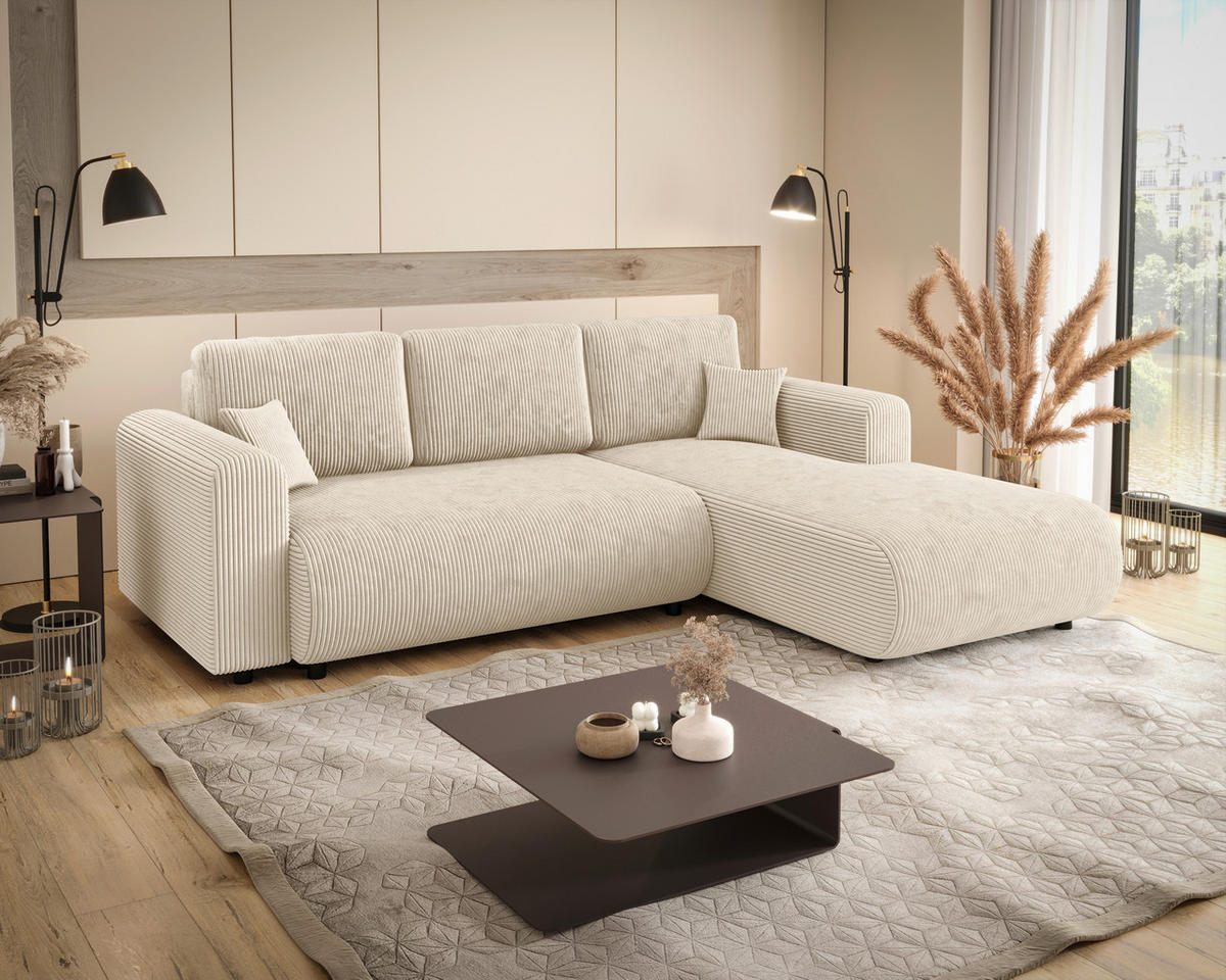 ECKSOFA inkl. Funktionen Creme Cord  - Creme/Schwarz, KONVENTIONELL, Kunststoff/Textil (260/200cm) - Xora