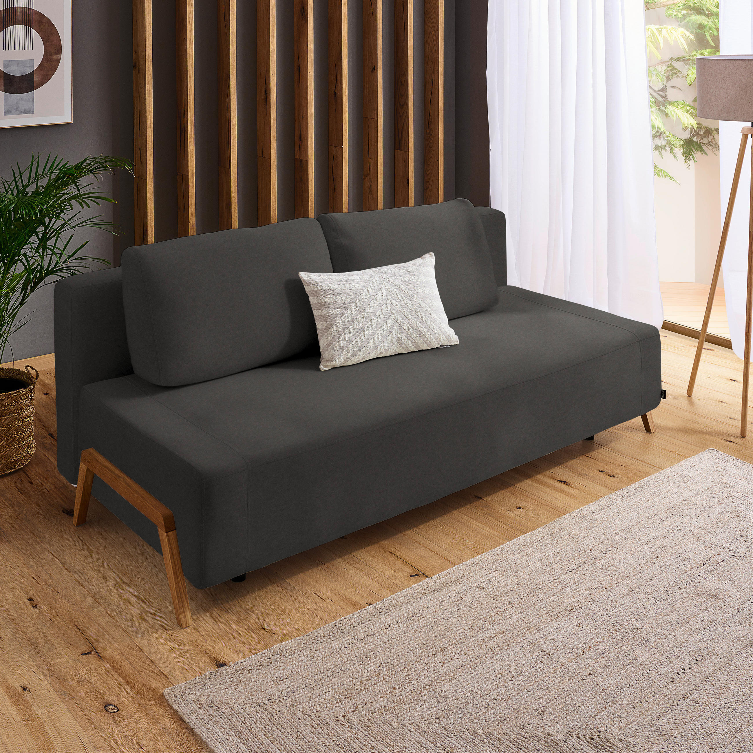 SCHLAFSOFA Mikrofaser Dunkelgrau  - Dunkelgrau/Naturfarben, Design, Holz/Textil (211/88/102cm) - Niels Andersson