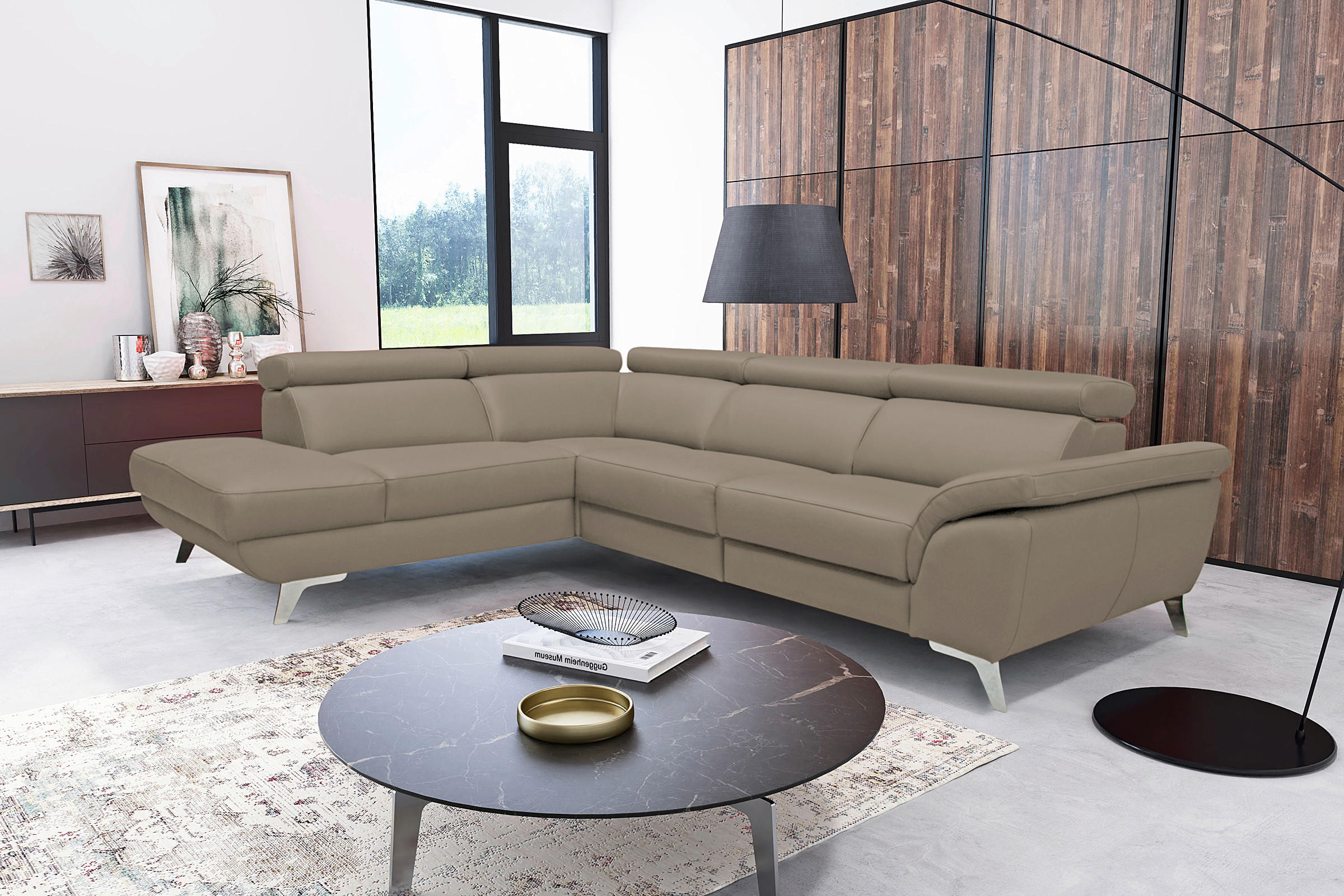ECKSOFA Echtleder Taupe  - Taupe/Silberfarben, Design, Leder/Metall (228/283cm) - Livetastic