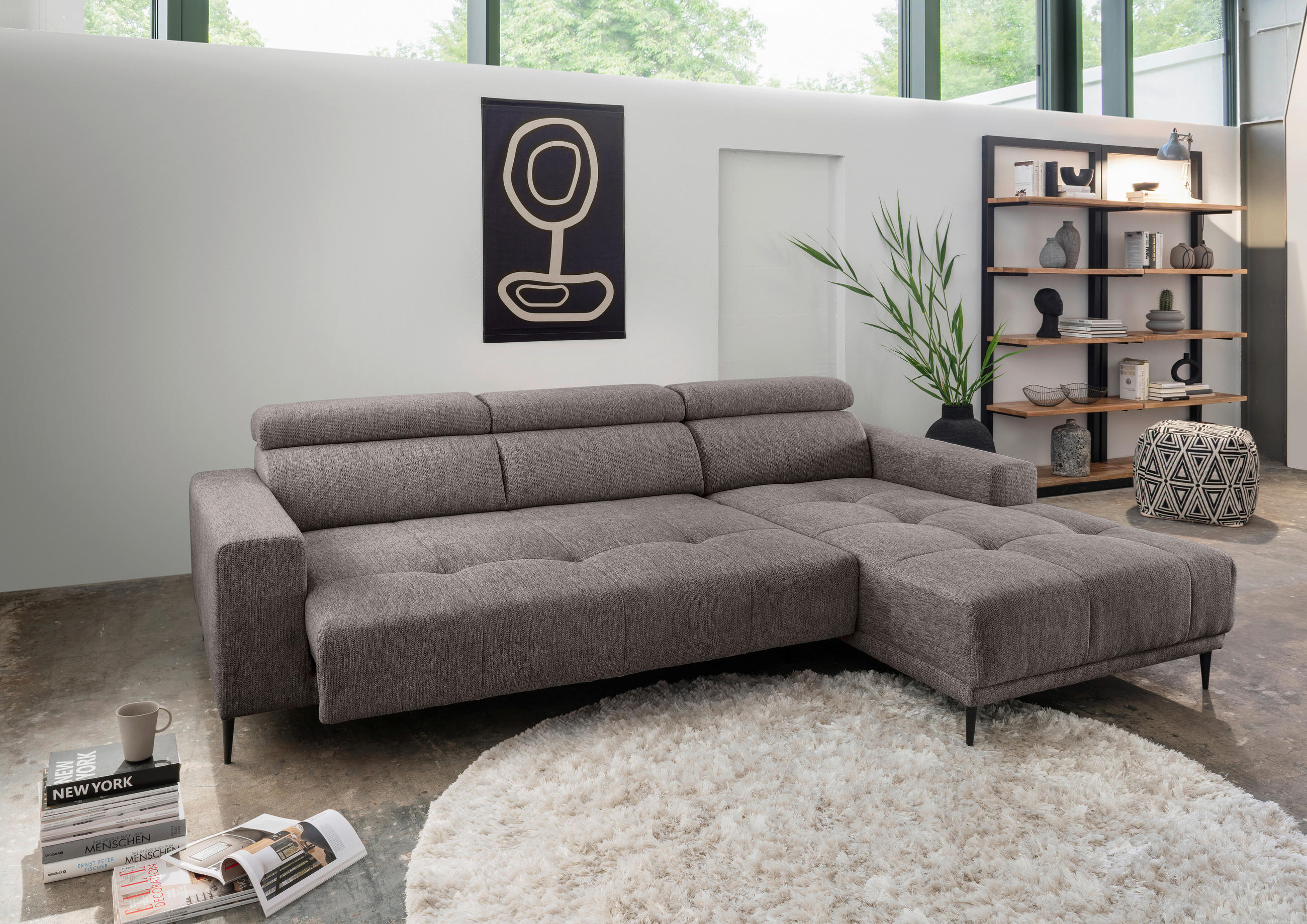 ECKSOFA Graubraun Chenille  - Graubraun/Schwarz, KONVENTIONELL, Textil/Metall (276/188cm) - Livetastic