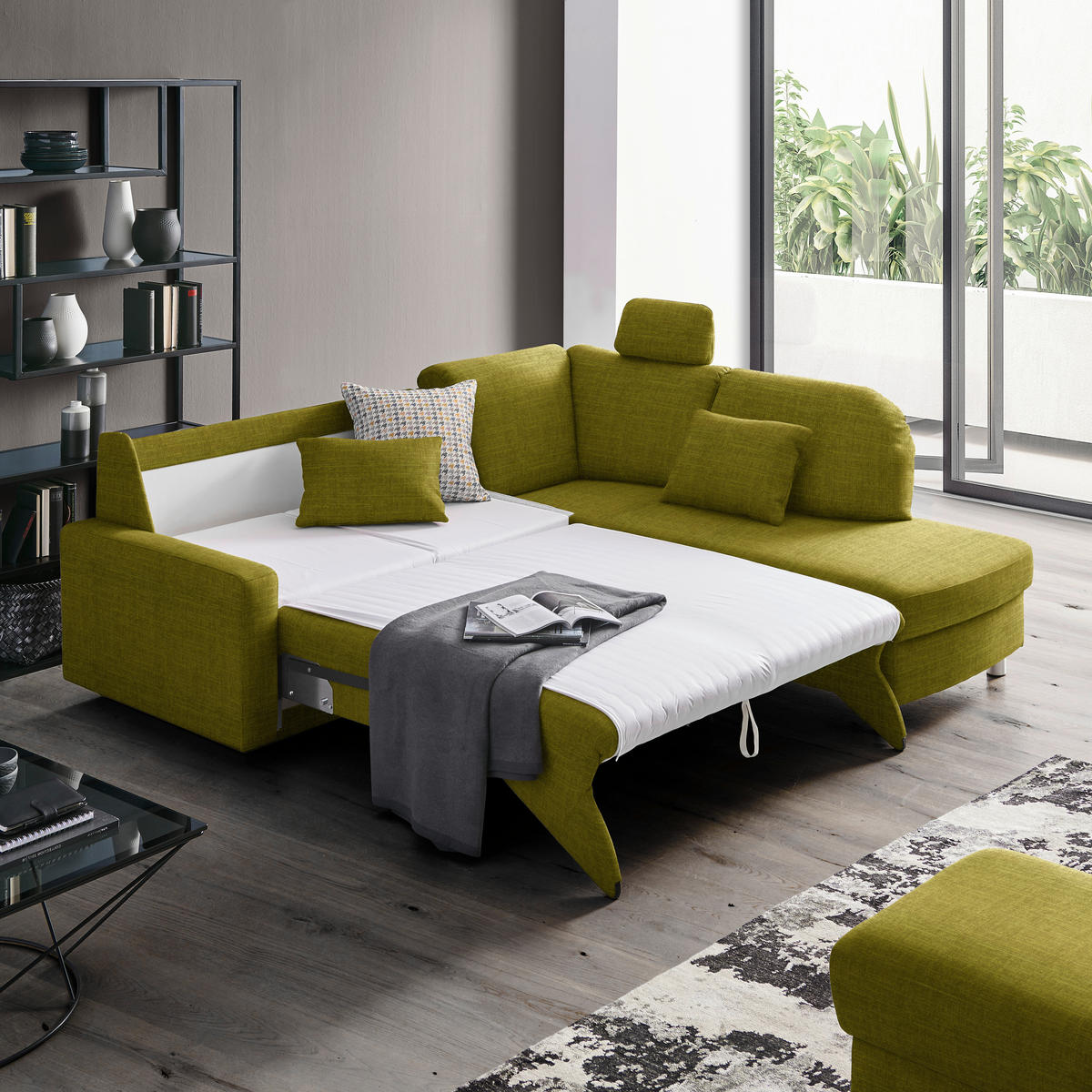 ECKSOFA in Chenille Grün  227/208 cm  - Alufarben/Grün, KONVENTIONELL, Textil/Metall (227/208cm) - Sedda