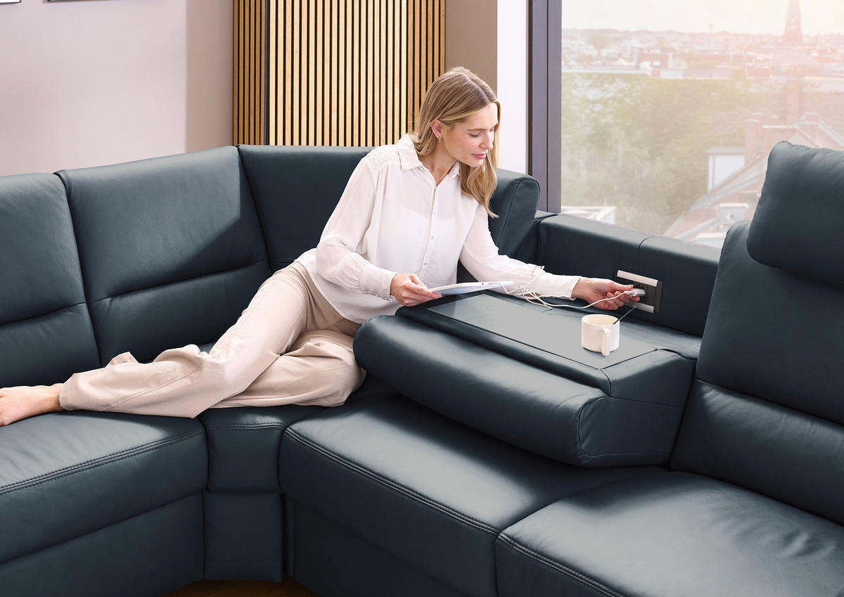 ECKSOFA Beldomo Premium Blaugrau Echtleder  - Blaugrau/Alufarben, KONVENTIONELL, Leder/Metall (262/262cm) - Beldomo Premium