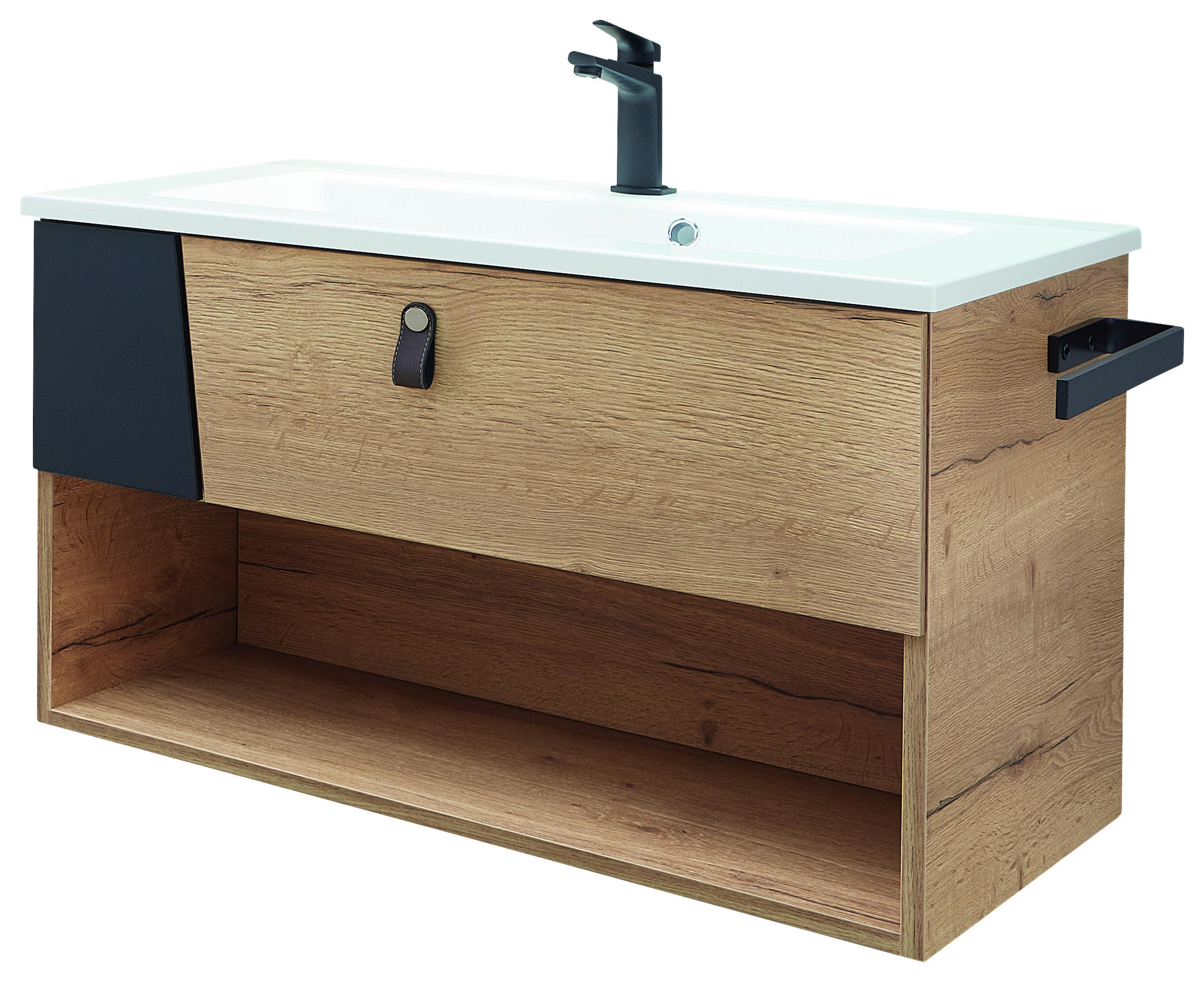 WASCHTISCHKOMBI 78 cm  - Eichefarben/Schwarz, KONVENTIONELL, Leder/Glas (78cm) - Sadena