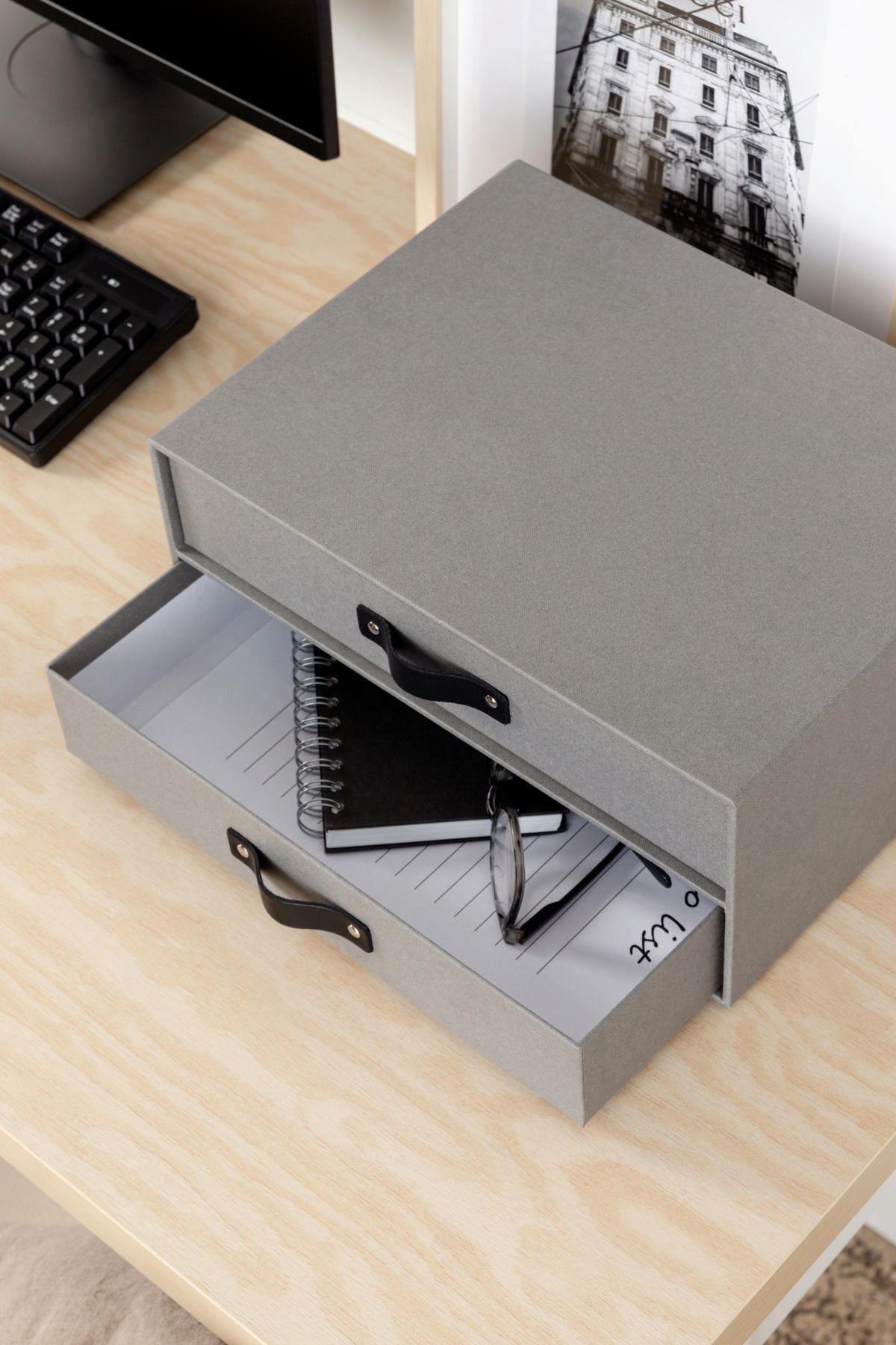 SCHUBLADENBOX    25.5/33.5/14.5 cm  - Grau, Basics, Karton/Leder (25.5/33.5/14.5cm)