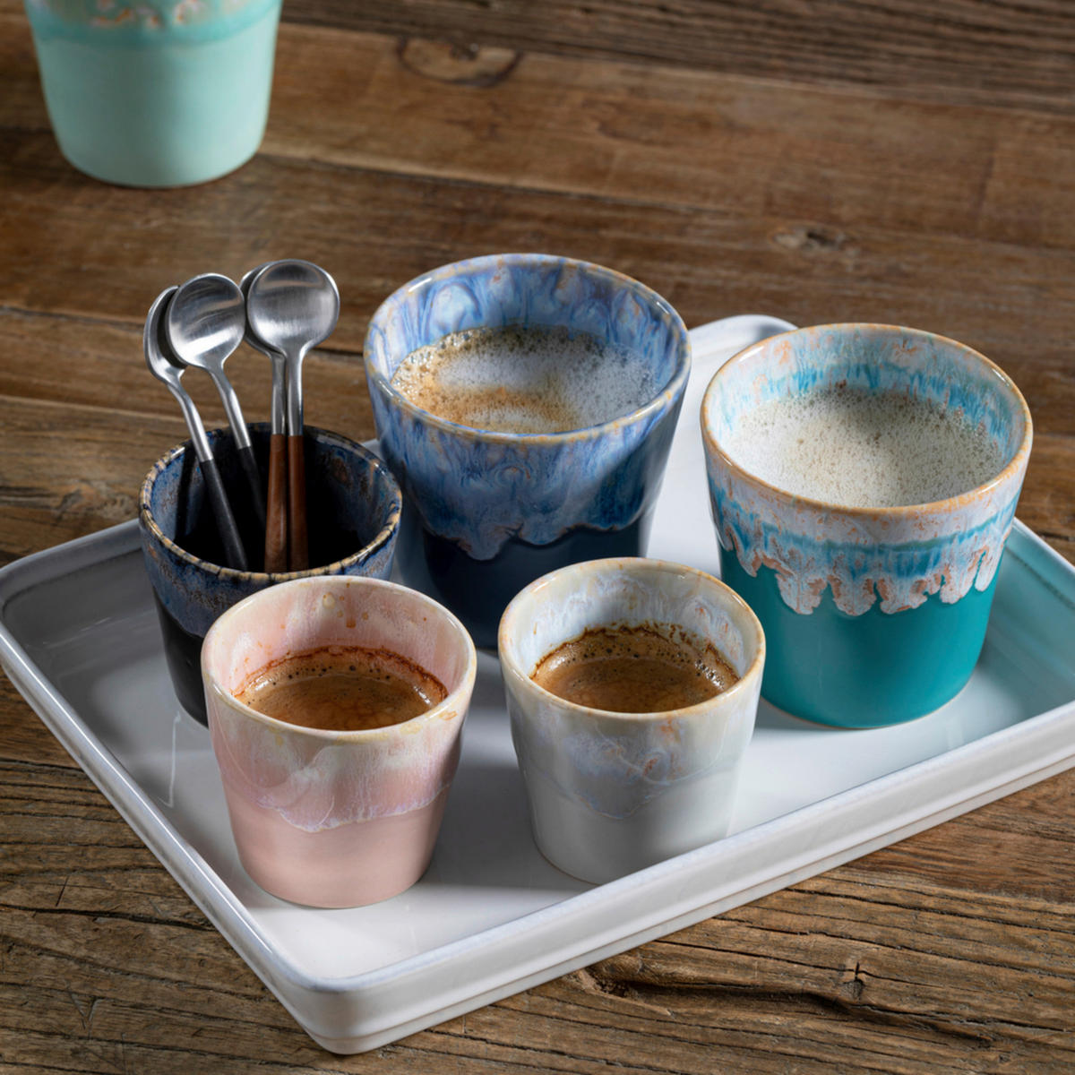 TASSENSET GRESPRESSO 8-teilig  - Türkis/Blau, Basics, Keramik/Holz - Costa Nova