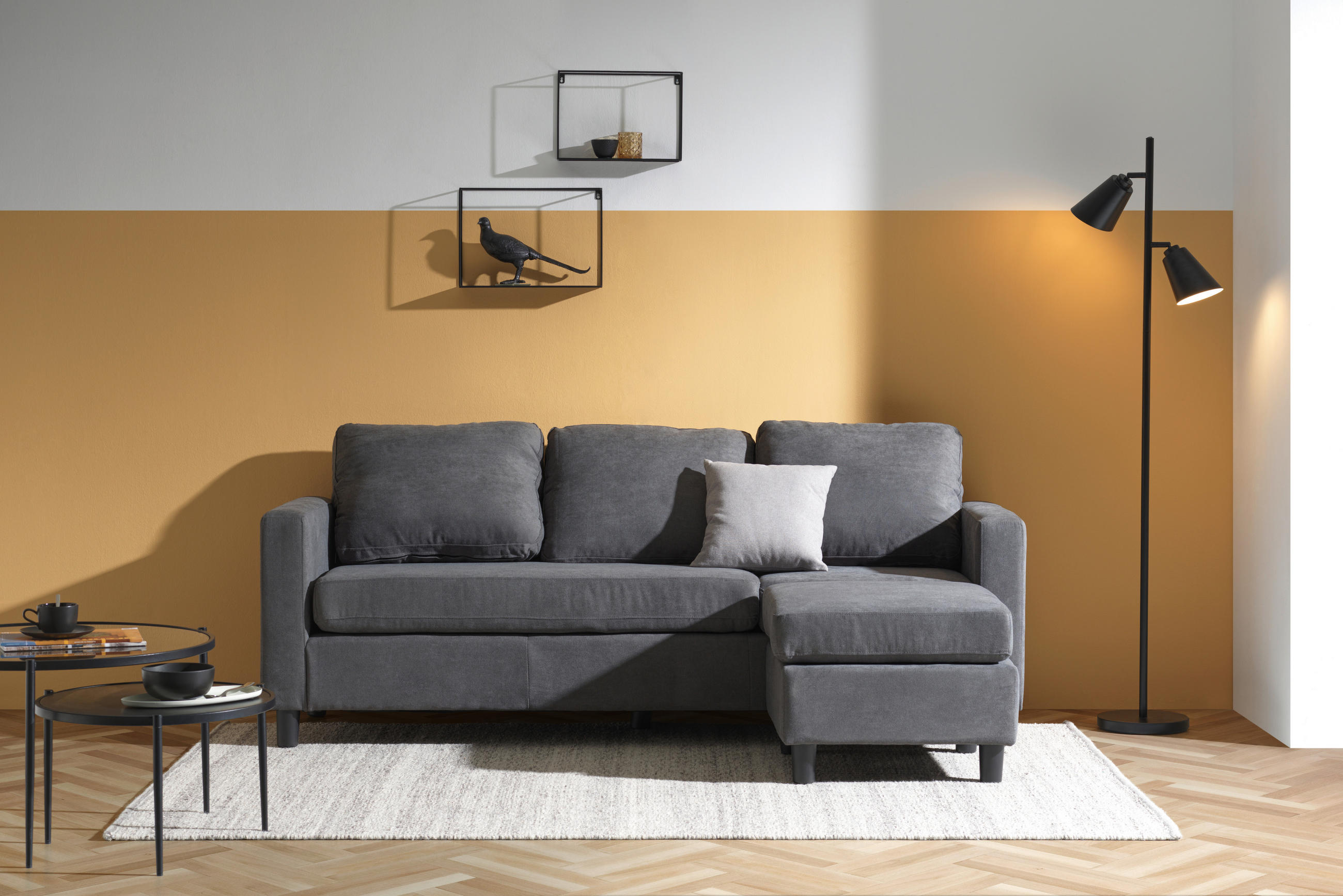 ECKSOFA Grau Plüsch  - Schwarz/Grau, Design, Holz/Kunststoff (198/135cm) - Ti'me
