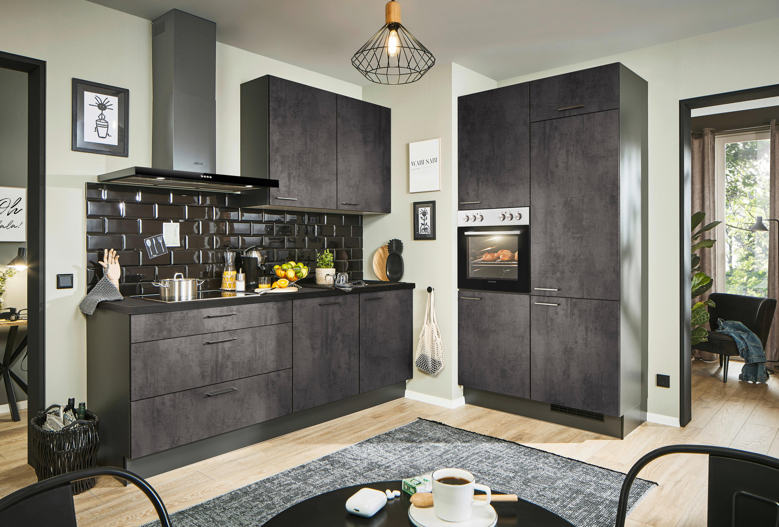 ECKKÜCHE 220/120 cm  in Graphitfarben, Schwarz, Dunkelgrau  - Dunkelgrau/Schwarz, Design, Holzwerkstoff/Metall (220/120cm) - Xora