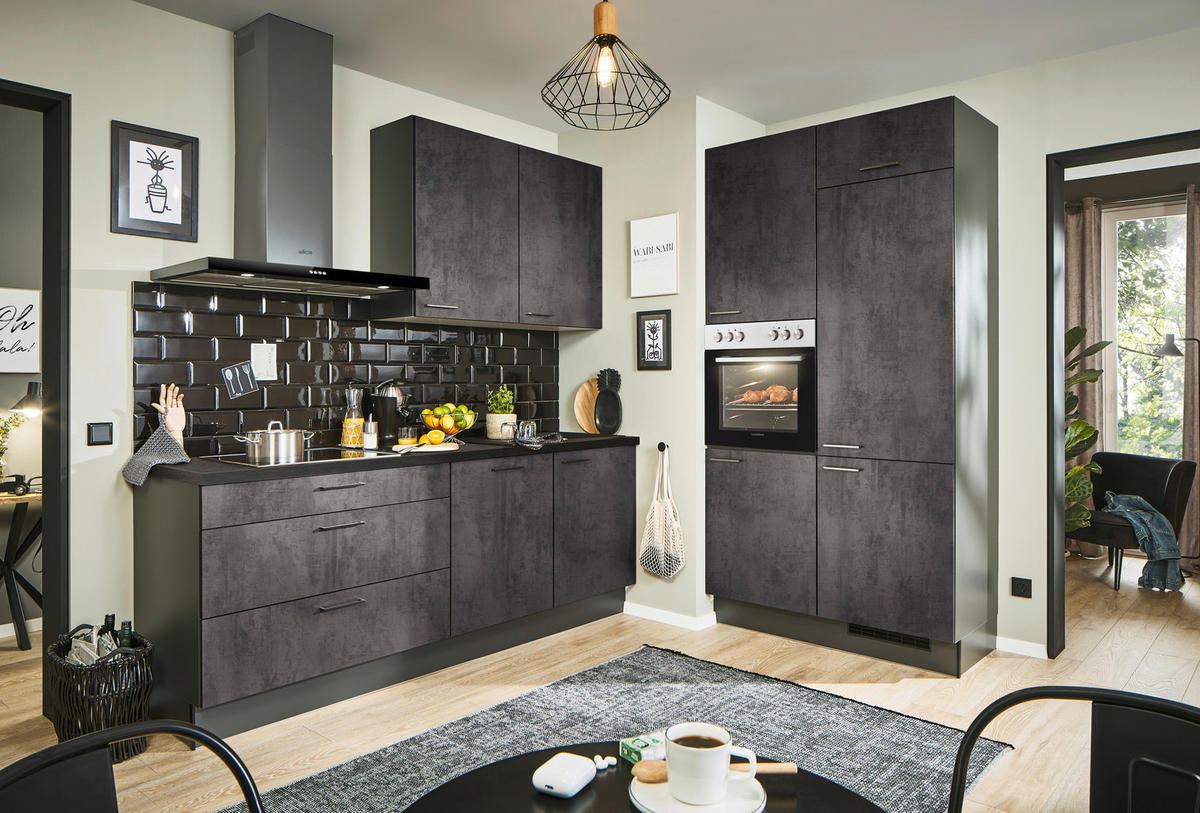 ECKKÜCHE 220/120 cm  in Graphitfarben, Schwarz, Dunkelgrau  - Dunkelgrau/Schwarz, Design, Holzwerkstoff/Metall (220/120cm) - Xora