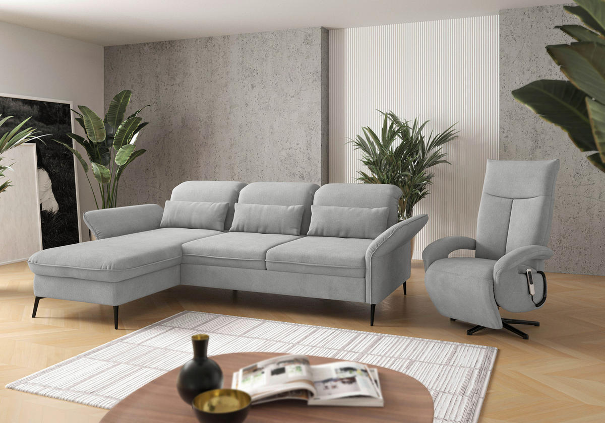 ECKSOFA in Flachgewebe Silberfarben  - Silberfarben/Schwarz, Konventionell, Textil/Metall (198/264cm) - Sit & More
