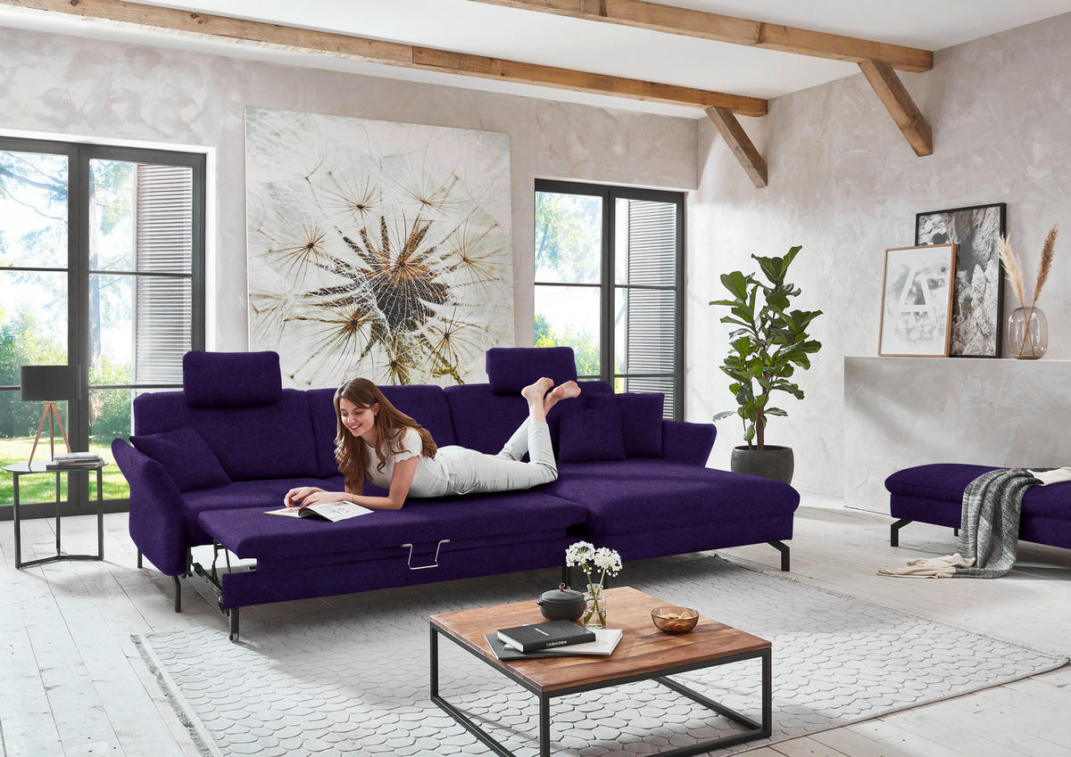 ECKSOFA in Velours Violett  - Violett/Schwarz, Design, Textil/Metall (306/179cm) - Beldomo System