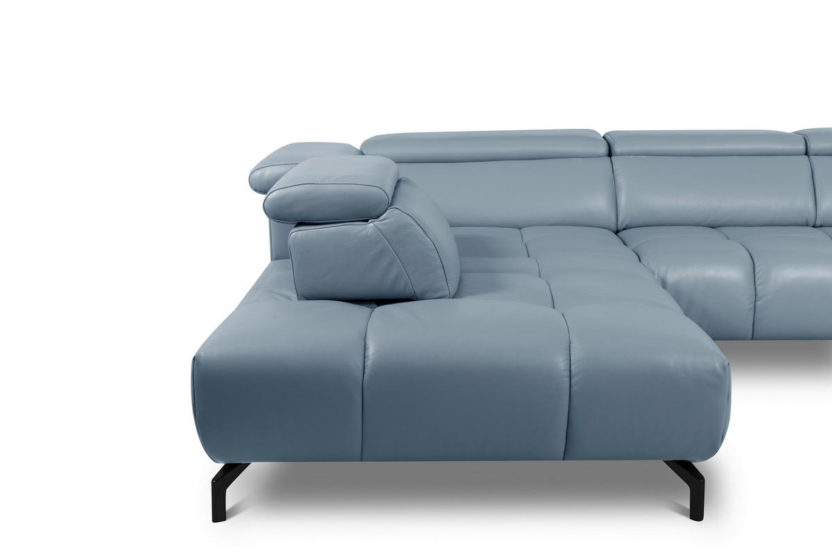 ECKSOFA Graublau Echtleder Rücken echt, Kopfteilverstellung  - Graublau/Schwarz, MODERN, Leder/Metall (224/294cm) - Celina Home