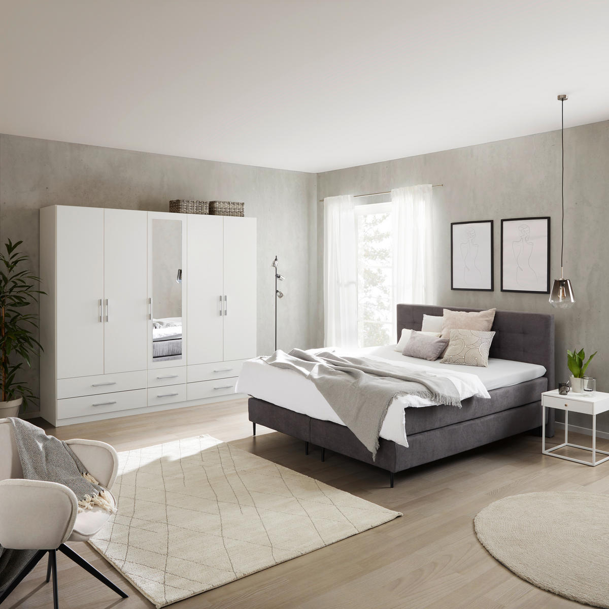 KLEIDERSCHRANK 226/210/54 cm,  in Weiß, 5-türig  - Silberfarben/Weiß, MODERN, Glas/Holzwerkstoff (226/210/54cm) - MID.YOU