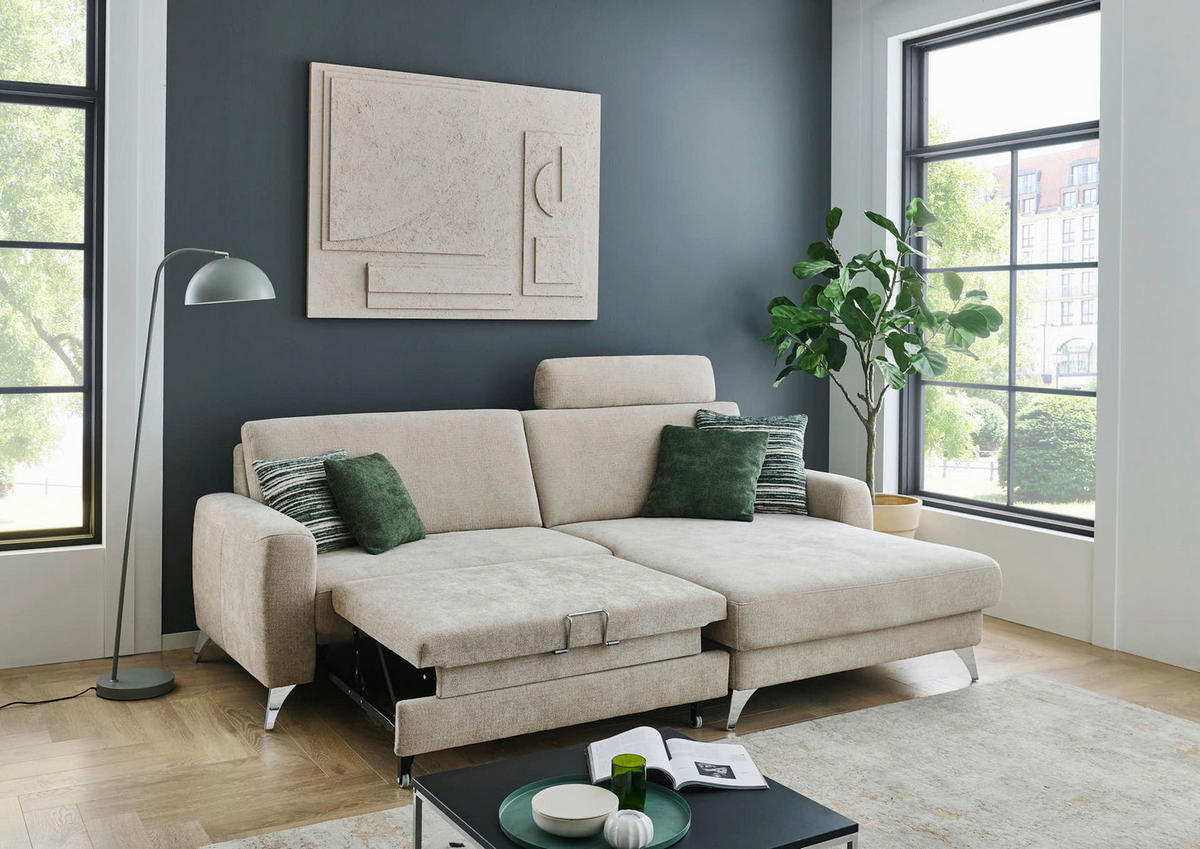 ECKSOFA  Chenille Beige  - Chromfarben/Beige, Design, Textil/Metall (222/167cm) - Beldomo Comfort