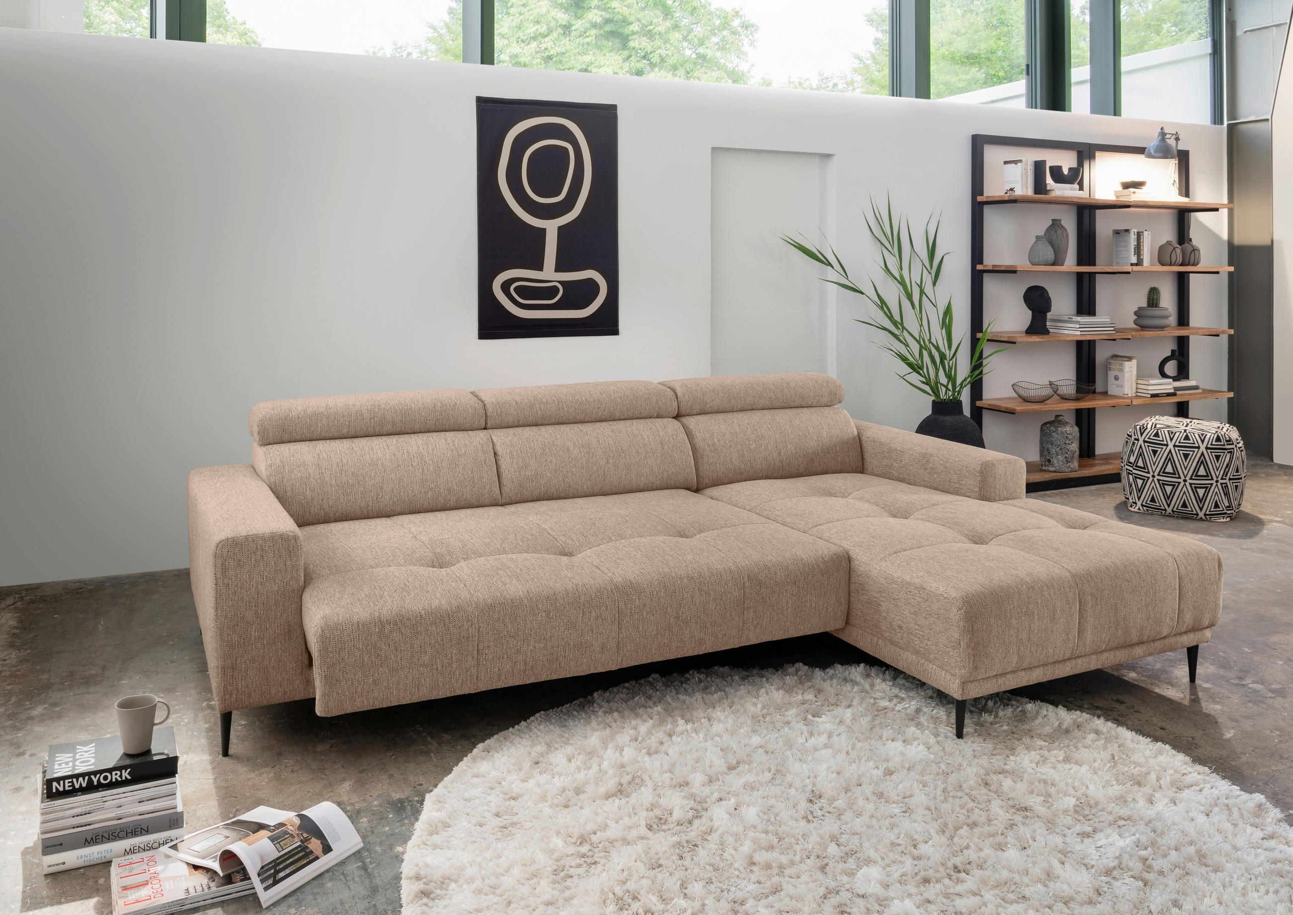 ECKSOFA Hellbraun Chenille  - Hellbraun/Schwarz, KONVENTIONELL, Textil/Metall (276/188cm) - Livetastic