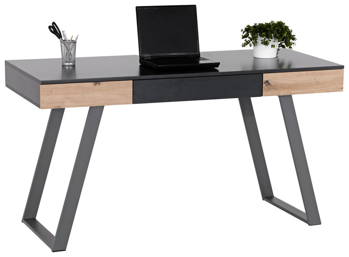 SCHREIBTISCH 140/60/76 cm  in Grau, Eichefarben  - Eichefarben/Grau, MODERN, Holzwerkstoff/Metall (140/60/76cm) - MID.YOU