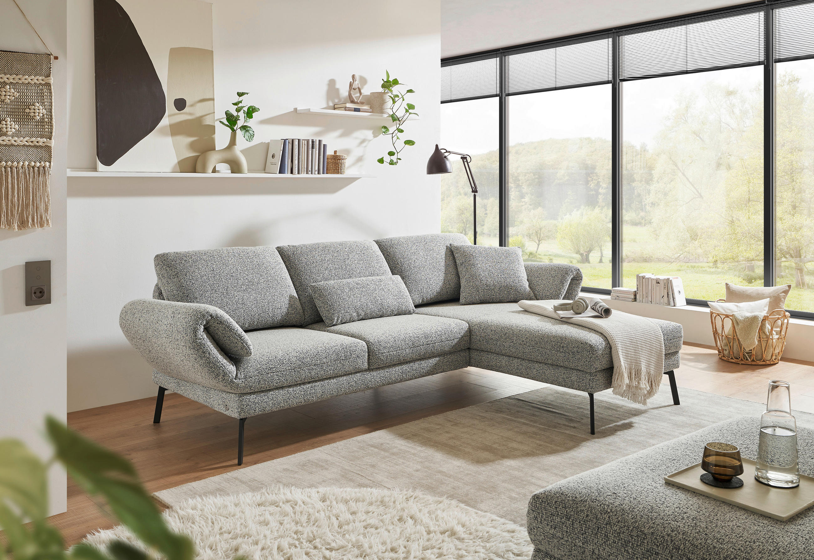 ECKSOFA in Flachgewebe Blaugrau  - Blaugrau/Schwarz, Design, Textil/Metall (255-365/175-224cm) - Dieter Knoll
