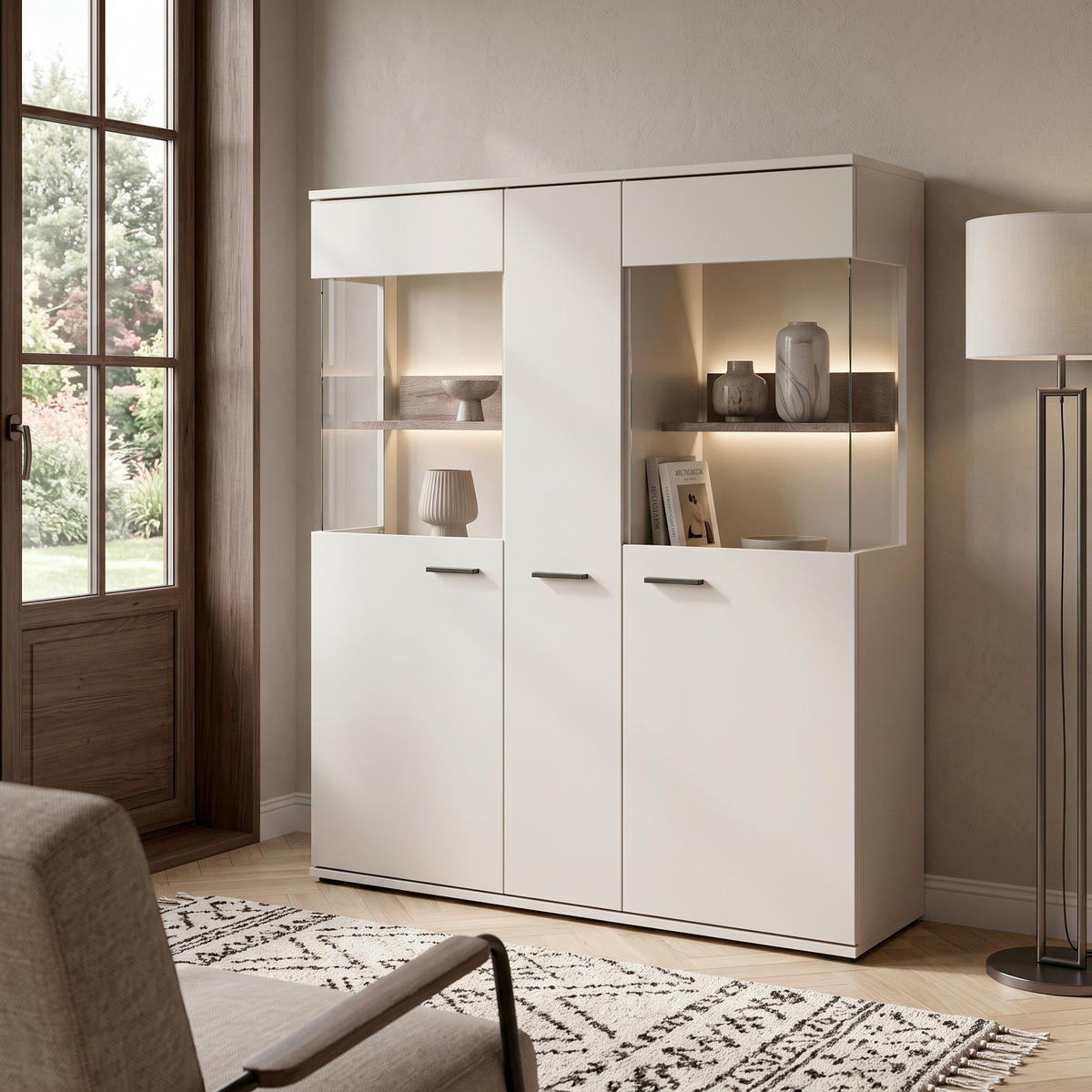 Comodă Înaltă 115/133,7/37 cm  - bej/culoare lemn stejar, Design, metal/material pe bază de lemn (115/133,7/37cm) - Livetastic