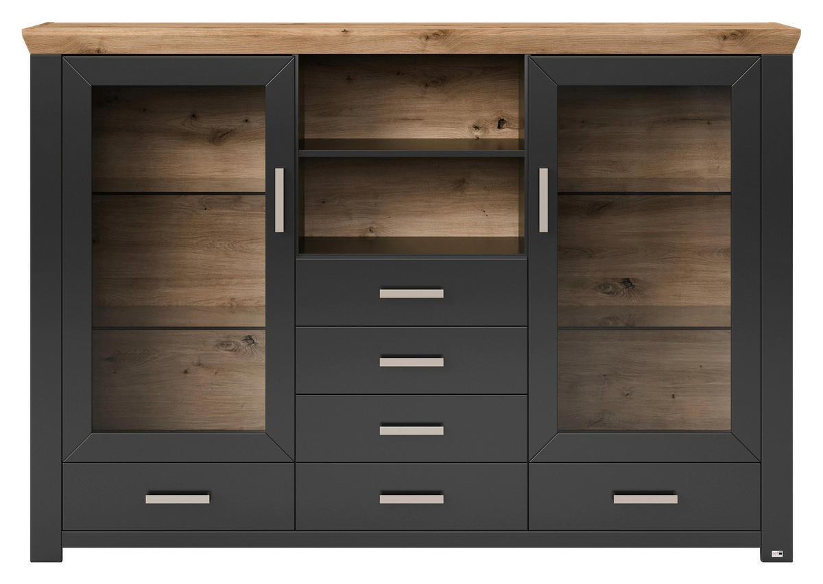 HIGHBOARD  in 184,1/126,6/44,2 cm  - Graphitfarben/Eiche Artisan, Design, Glas/Holzwerkstoff (184,1/126,6/44,2cm) - SetOne by Musterring