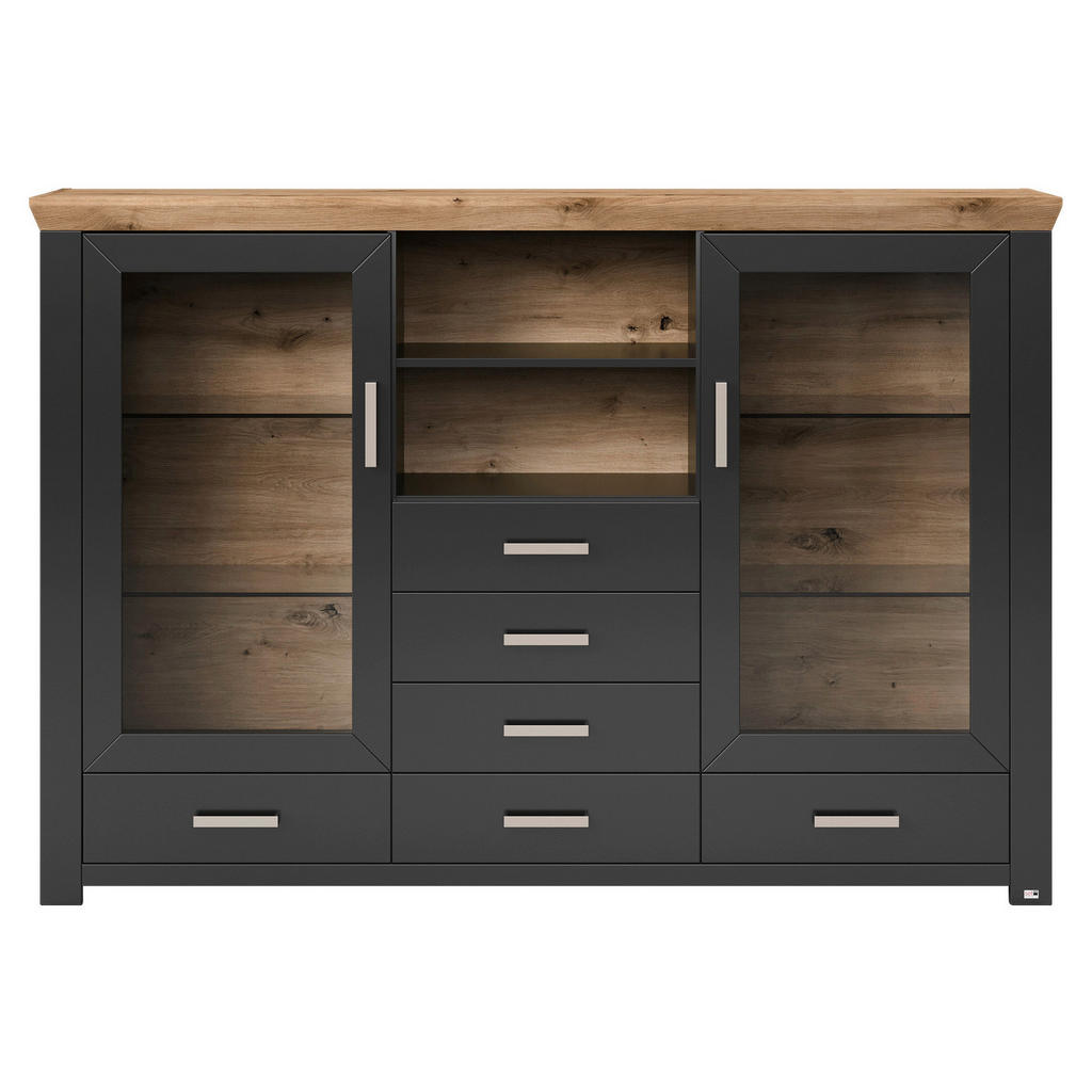 Thumbnail - SetOne by Musterring Highboard, Graphit, Eiche Artisan, Metall, 5 Fächer, 6 Schubladen, 184.1x126.6x44.2 cm, Beimöbel er...