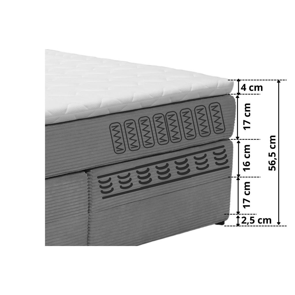 Thumbnail - Boxxx Boxspringbett, Hellgrau, Textil, H2, 7-Zonen, Höhe ca. 17 cm, 140x200 cm, Made in EU, Topper durchgehend, in versc...