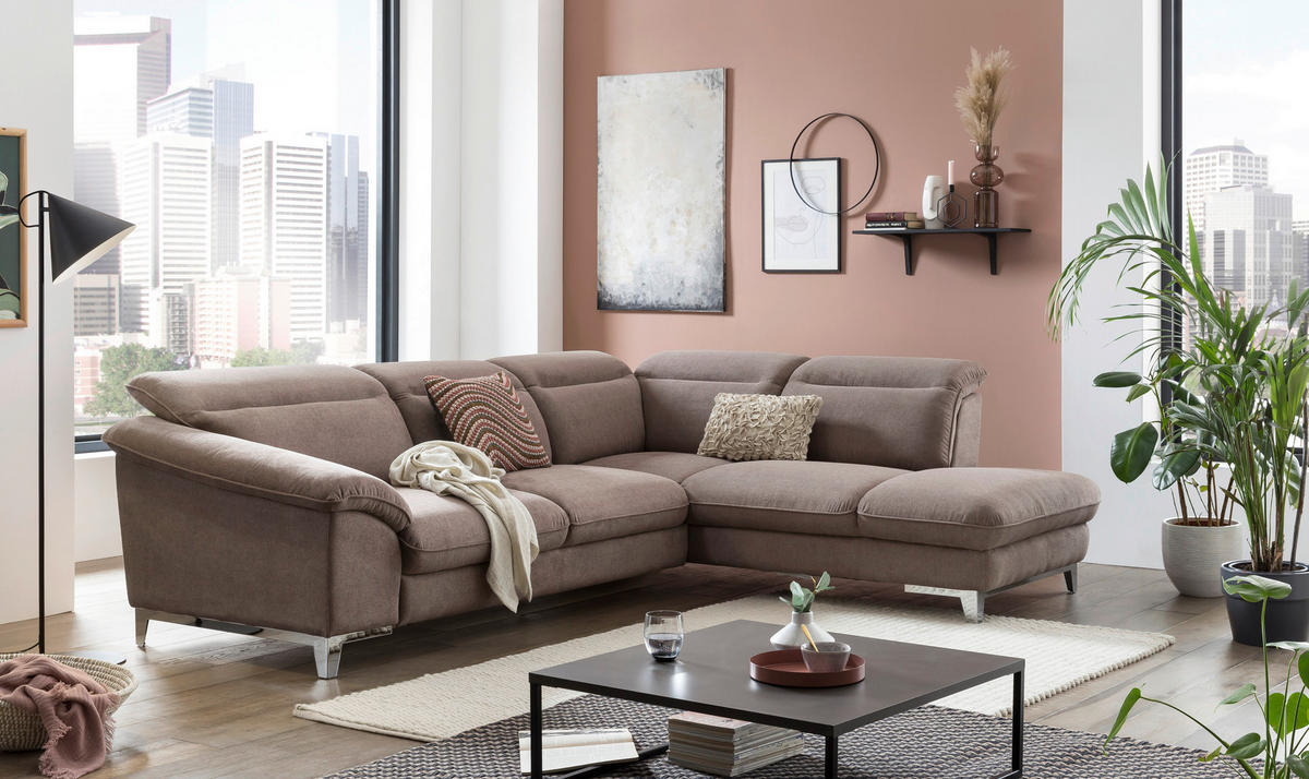 ECKSOFA Taupe Chenille  - Taupe/Chromfarben, Design, Textil/Metall (293/232cm) - Livetastic