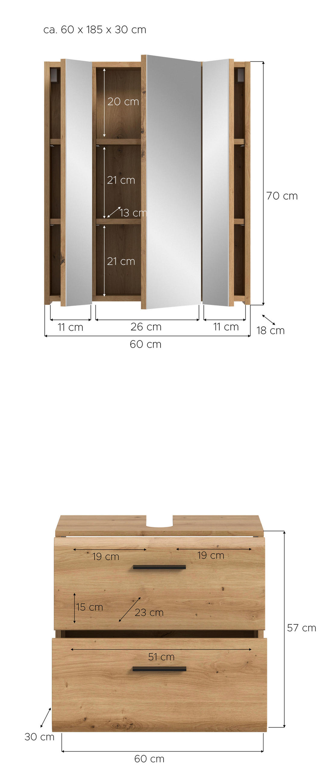 BADEZIMMER 2-teilig  in 60 cm  - Schwarz/Eiche Artisan, Trend, Glas/Holzwerkstoff (60cm) - MID.YOU