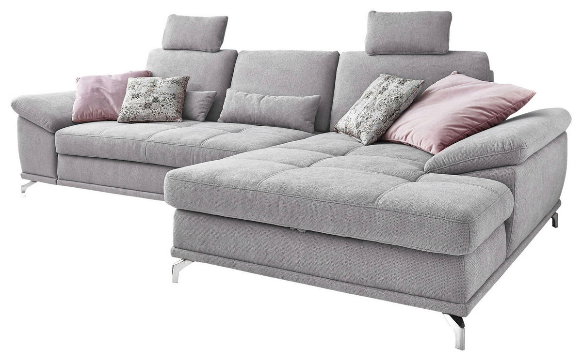ECKSOFA Silberfarben Flachgewebe Bettkasten, Schlaffunktion, Sitztiefenverstellung, Kopfstütze, Liegefläche im Originalstoff  - Silberfarben, KONVENTIONELL, Textil/Metall (301/176cm) - Sit & More