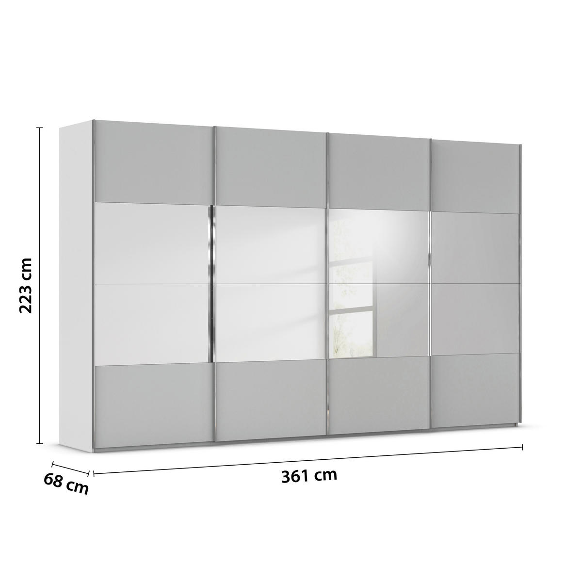 SCHWEBETÜRENSCHRANK 361/223/68 cm 4-türig Seidengrau  - Chromfarben/Seidengrau, Design, Glas/Holzwerkstoff (361/223/68cm) - Novel