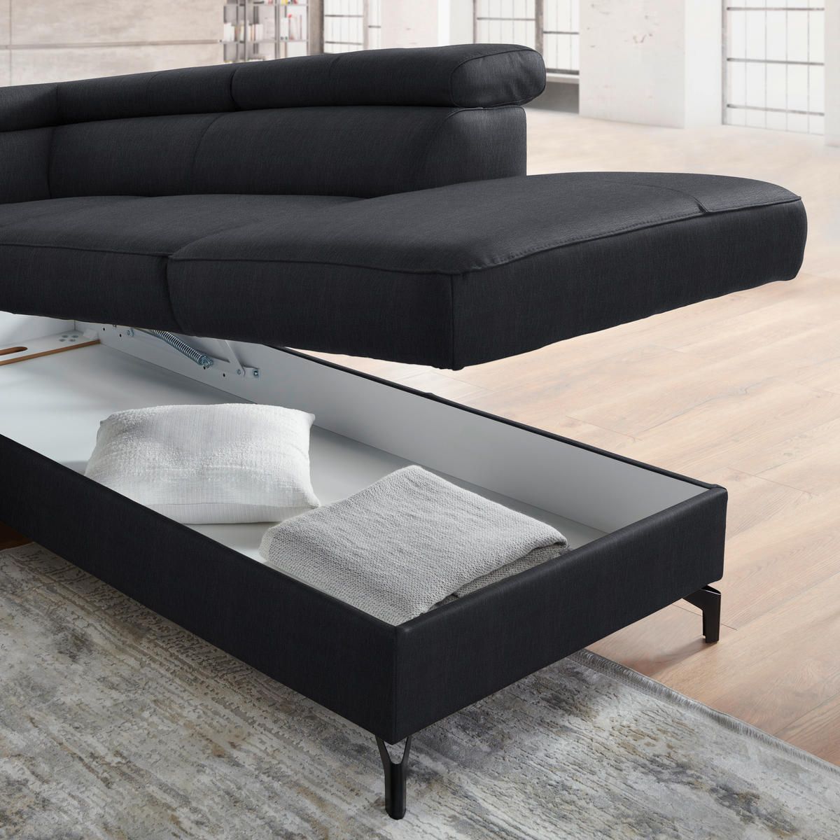 ECKSOFA in Echtleder Schwarz  - Schwarz, Design, Leder/Metall (256/220cm) - Celina Home