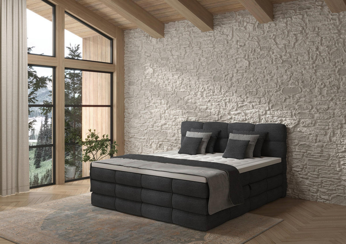 BOXSPRINGBETT 180/200 cm,  in Dunkelgrau, gepolstertes Kopfteil, Bettkasten, Topper, Matratzen, H3 + H3 = fest  - Dunkelgrau/Schwarz, Design, Kunststoff/Textil (180/200cm) - Chameo