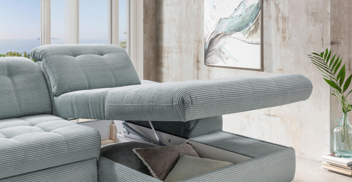 ECKSCHLAFSOFA in Cord Hellblau  - Schwarz/Hellblau, Modern, Textil/Metall (273/189cm) - Livetastic
