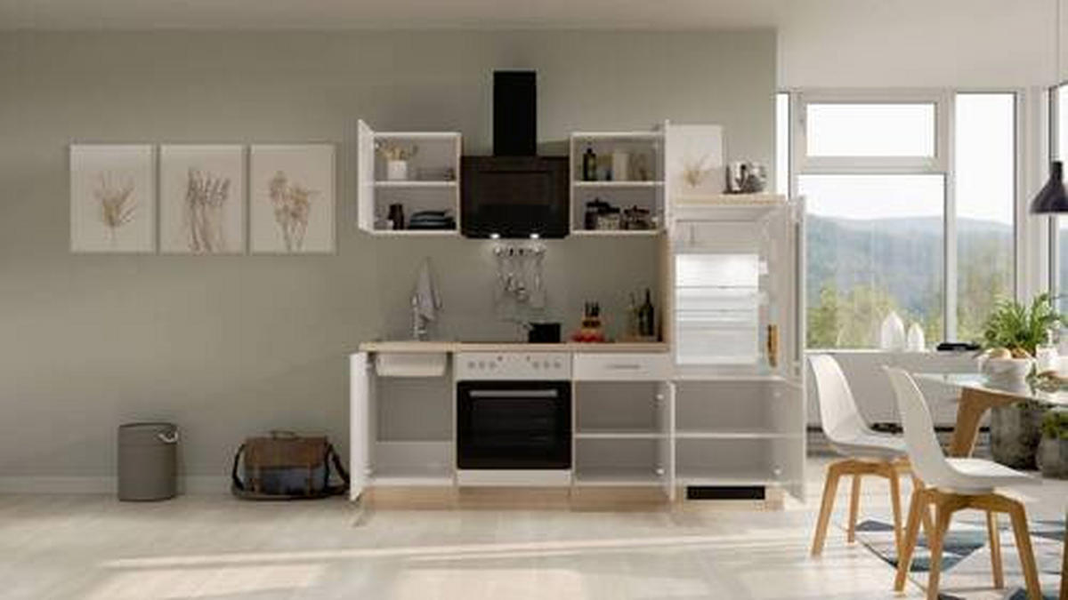 KUCHYNSKÁ LINKA VALERO 220 - biela s vysokým leskom/farba ušľachtilej ocele, Modern, kov/kompozitné drevo (220cm) - FlexWell