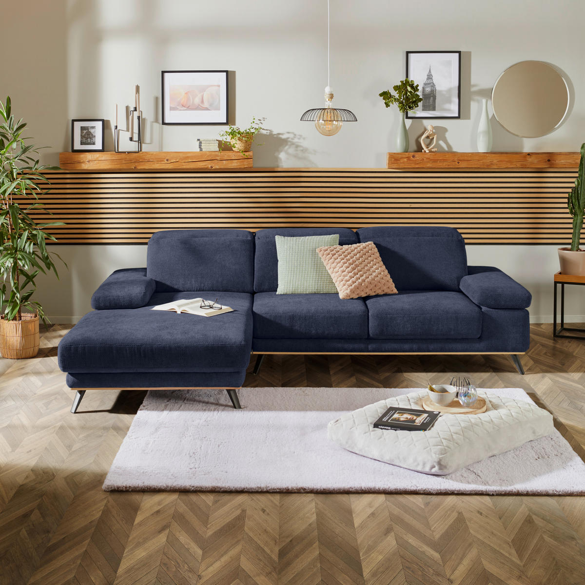 ECKSOFA ROYCE Dunkelblau Struktur  - Schwarz/Dunkelblau, MODERN, Textil/Metall (194/283cm) - MID.YOU