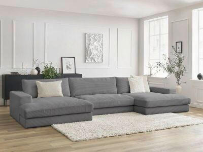 WOHNLANDSCHAFT LEONARD Dunkelgrau Cord  - Dunkelgrau/Schwarz, MODERN, Kunststoff/Textil (159/404/159cm)