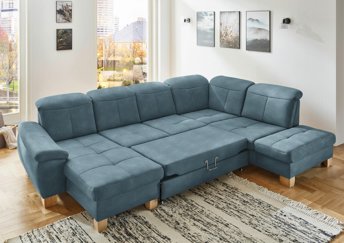 WOHNLANDSCHAFT in Mikrofaser Hellblau  - Wildeiche/Beige, Konventionell, Holz/Textil (185/343/243cm) - Voleo