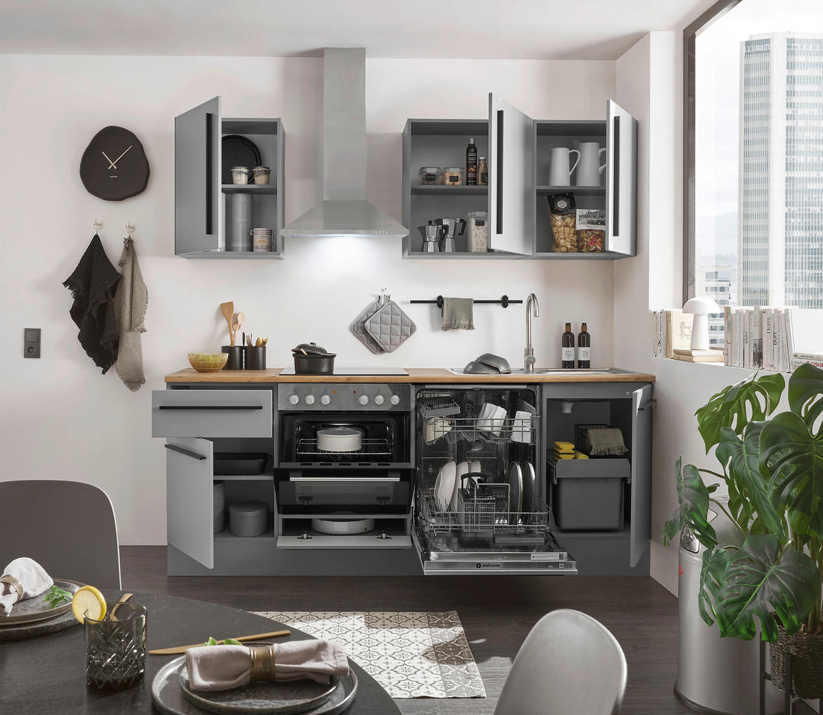 KUHINJSKI BLOK BREZ APARATOV - siva/črna, Design, umetna masa/leseni material (220cm) - MID.YOU