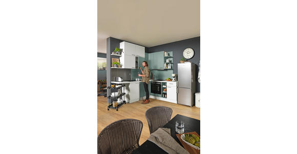 ECKKÜCHE 225/200 cm  in Weiß, Hellblau, Hellgrün  - Edelstahlfarben/Pastellblau, Design, Holzwerkstoff/Metall (225/200cm) - Xora