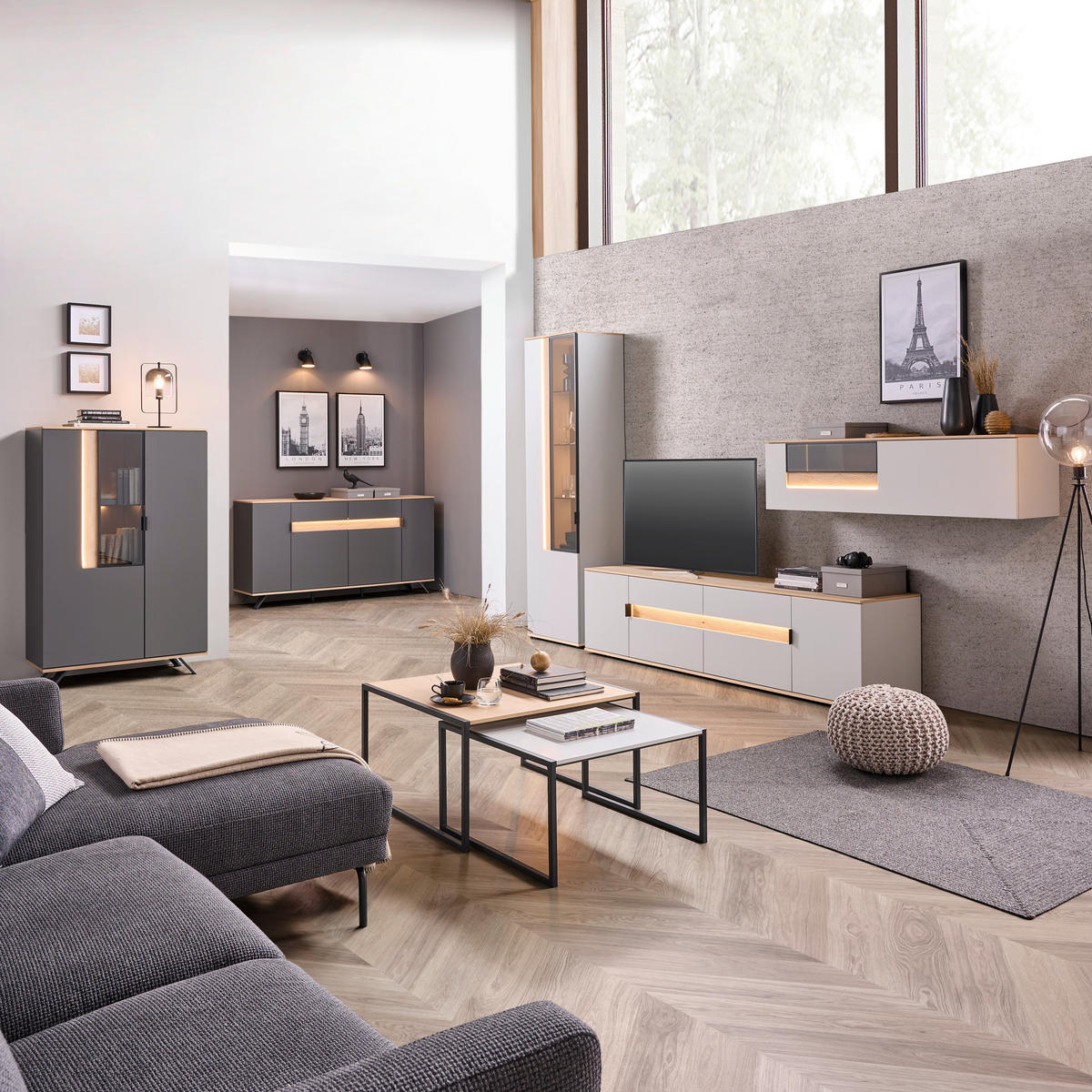 WOHNWAND  in Anthrazit, Eichefarben  370/214,6/48 cm    - Eichefarben/Anthrazit, Design, Glas/Holz (370/214,6/48cm) - Dieter Knoll