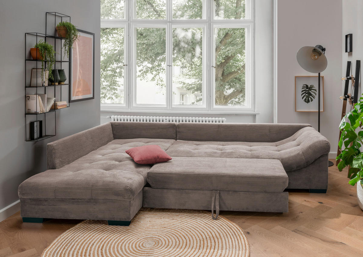 ECKSOFA in Cord Taupe  - Taupe/Koralle, Design, Holz/Textil (202/298cm) - MID.YOU