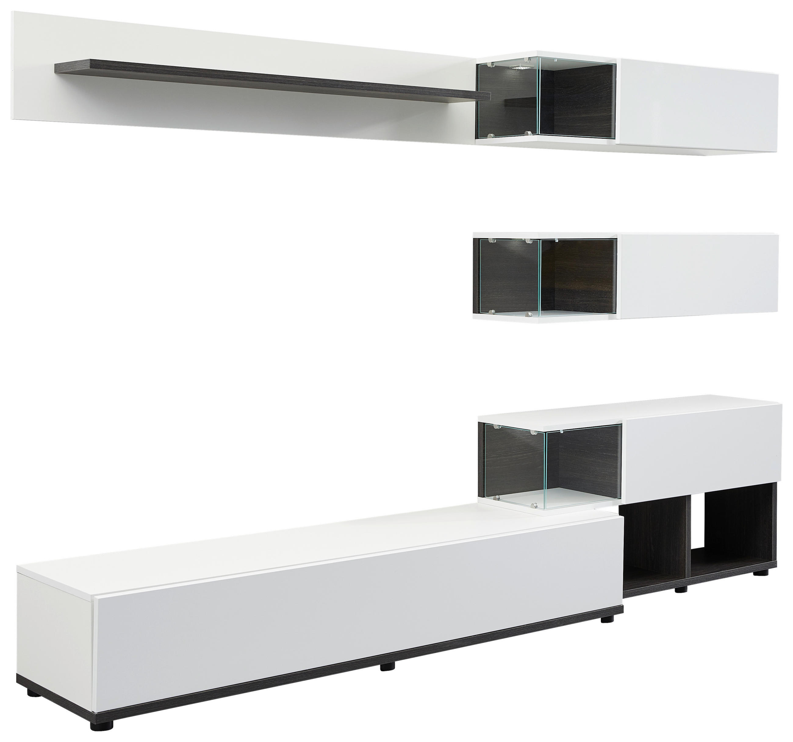 Set mobilă living, maro închis, sidefiu, alb lucios intens, 240/150/40 cm