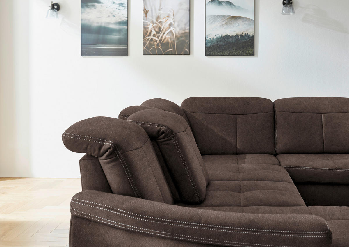WOHNLANDSCHAFT Dunkelbraun Mikrofaser  - Wildeiche/Dunkelbraun, KONVENTIONELL, Holz/Textil (185/343/243cm) - Voleo